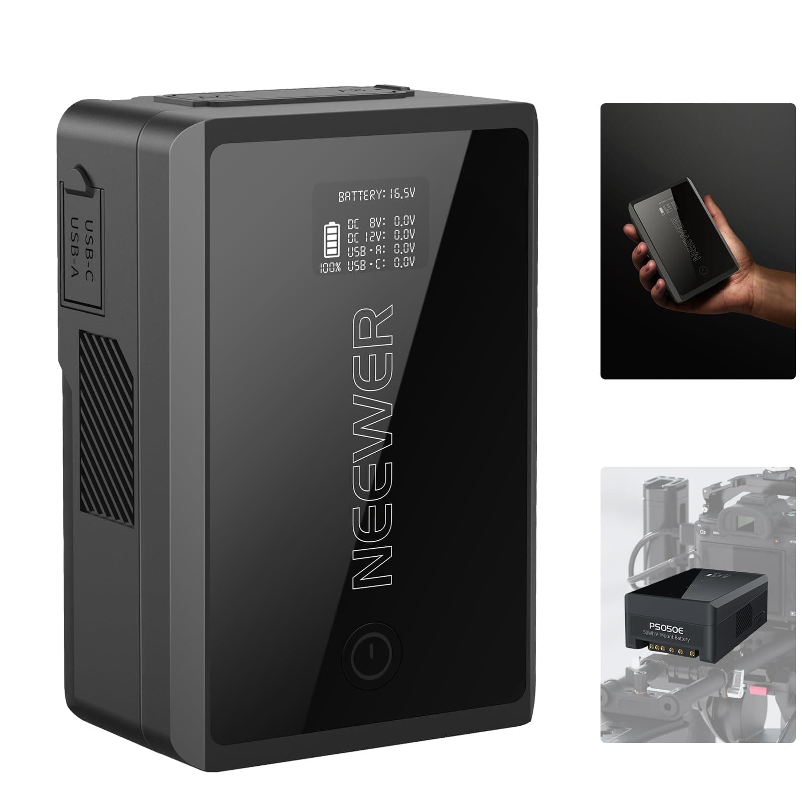NEEWER PS050E Mini V Montura Batería con D Tap/USB-C/USB A/BP/Dual DC | Pantalla OLED, 3450mAh 50Wh 14,54V, V Lock Batería Compatible con Carga Rápida PD 45W, para Cámara Monitor y Luz de Vídeo
