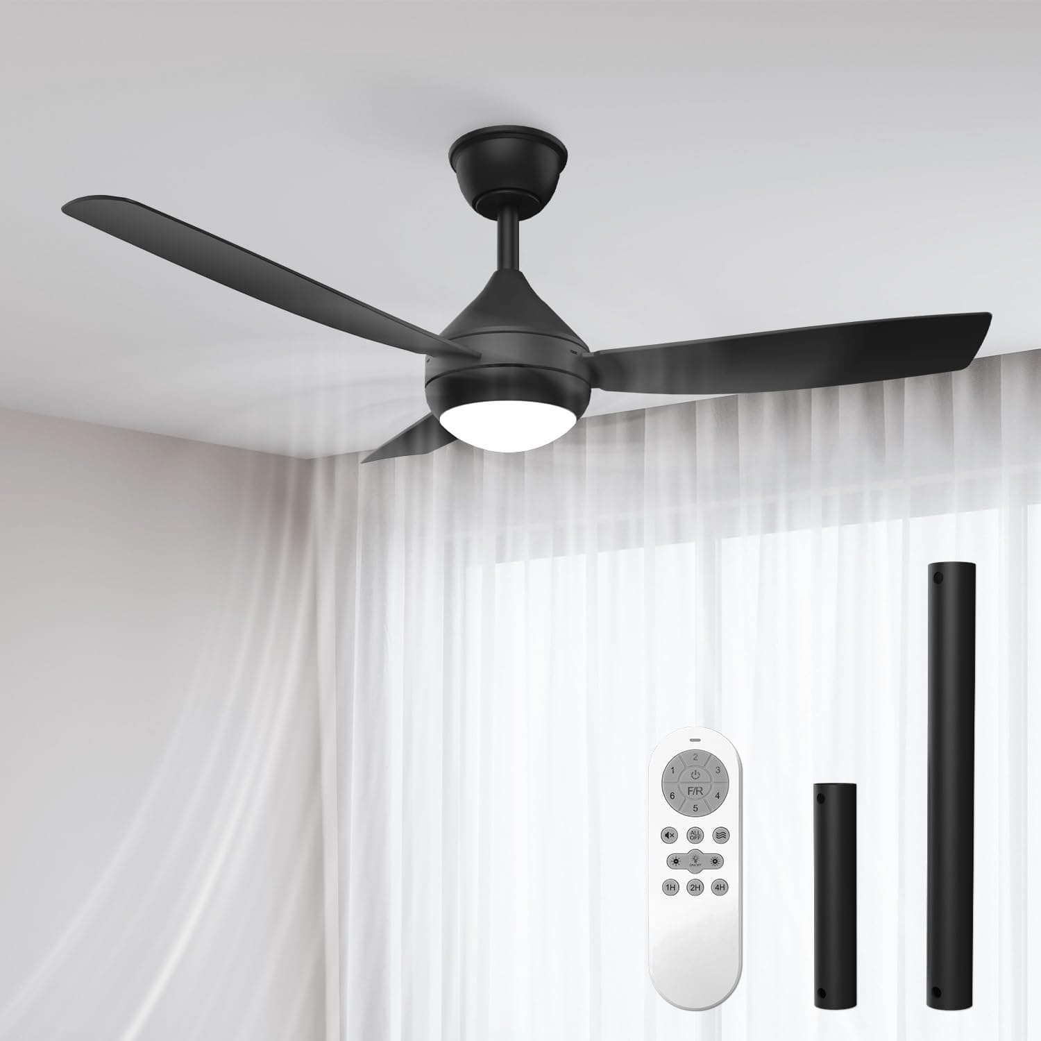 Airwit Ventilatore da Soffitto con Luce LED Regolabile 106cm, 3 Pale Snap-On, Silenzioso Ventilatore da Soffitto con Telecomando per Camera Soggiorno Cucina, 6 Velocità, Montaggio Rapido, Nero
