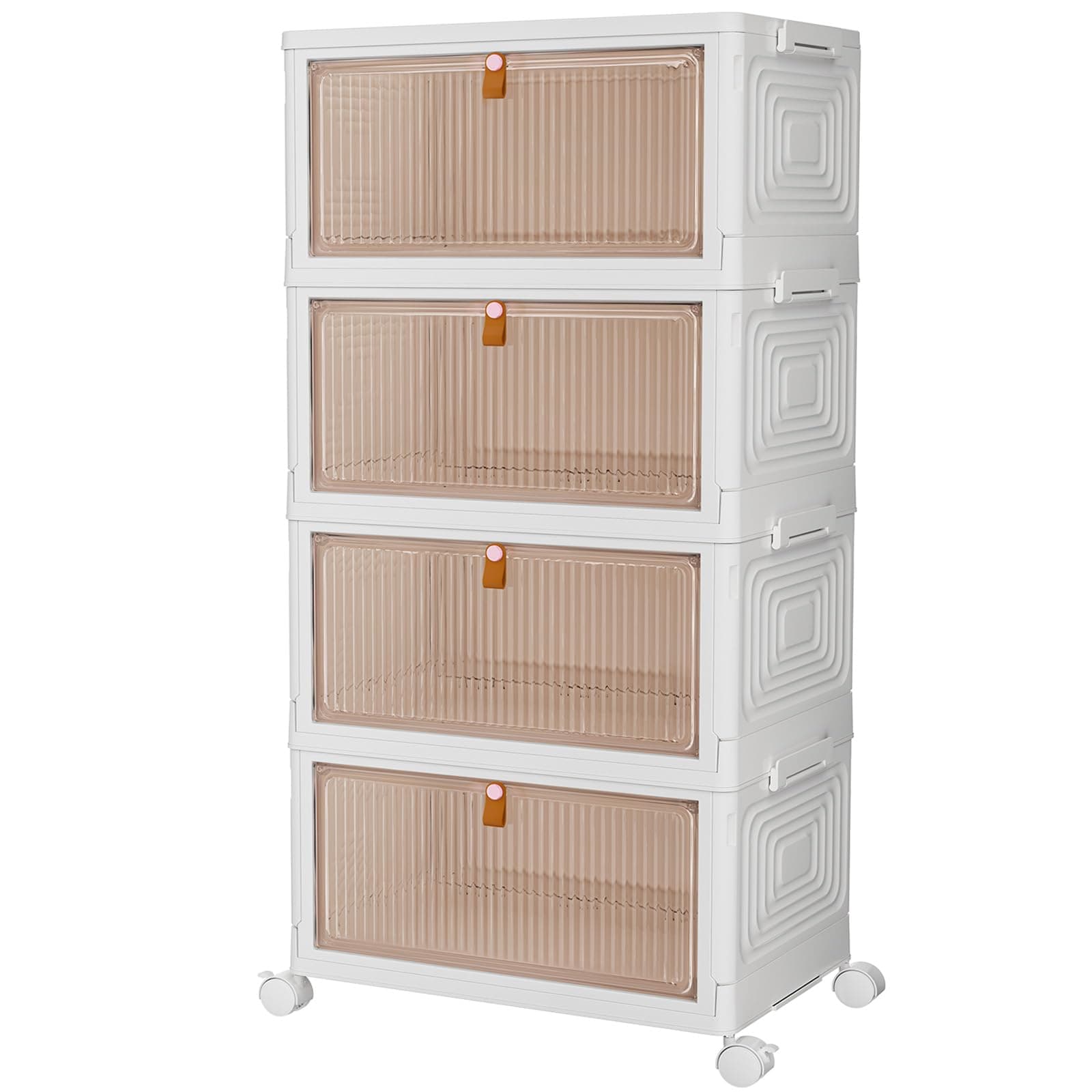 PurKeep Scatole portaoggetti con coperchio, 23 L x 4 ripiani, in plastica, con coperchio, impilabili con ruote, cassetti con porta anteriore, scatola di plastica per casa e ufficio, colore bianco