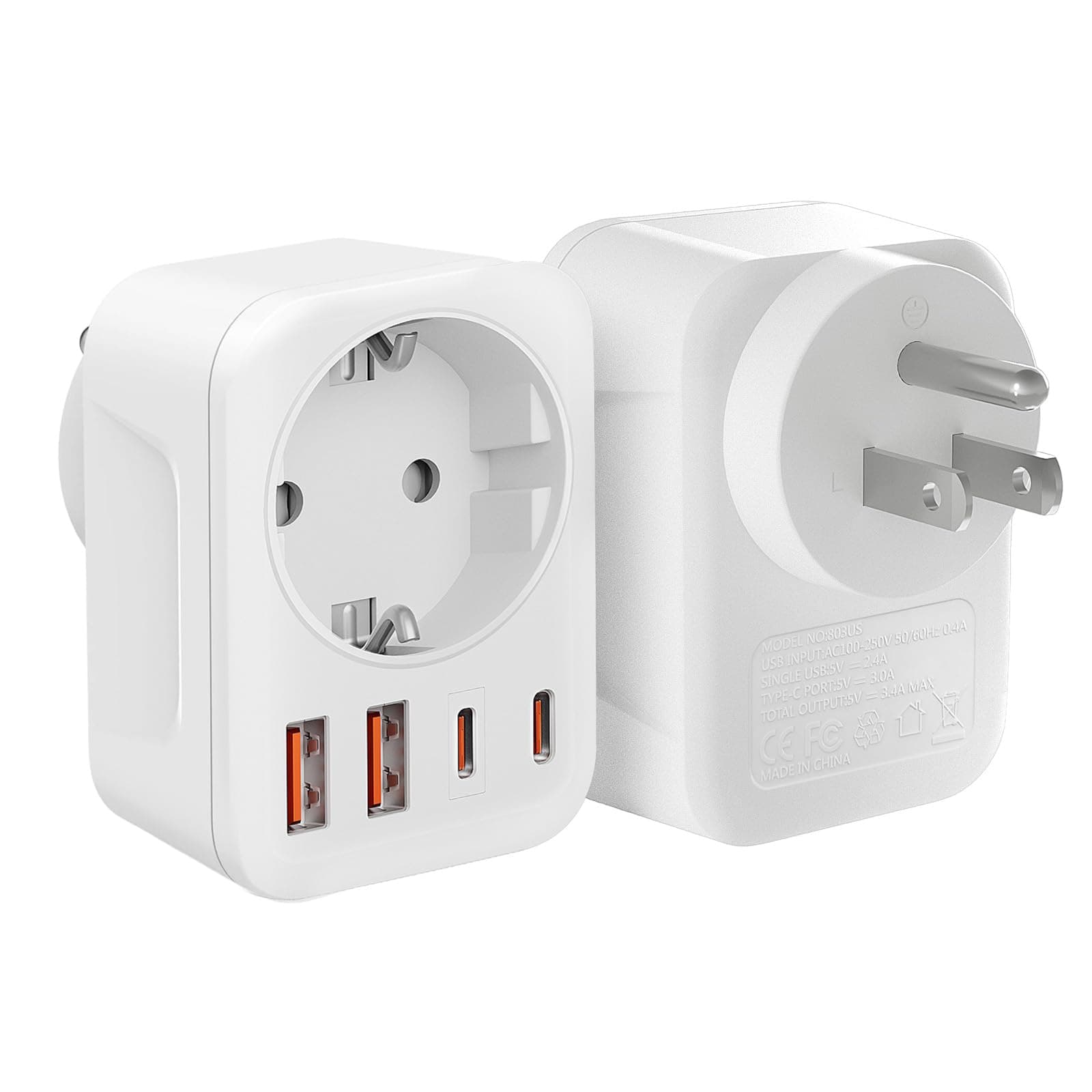 Clomnpe Adaptador Enchufe Europeo a Americano, 2 Piezas Adaptador Enchufe USA con 2 USB C y 2 USB A, Amplia Adaptabilidad, Europa/Español 2-Pin a 3-Pin Tipo B para EE.UU./Canadá/Mexico/Colombia/Perú