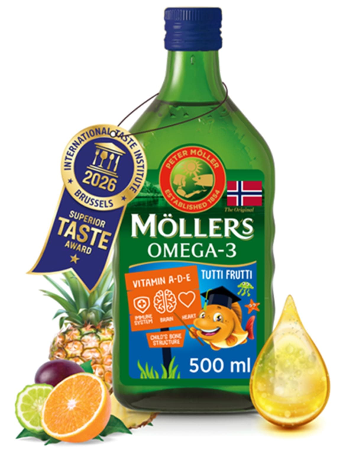 Moller’s ® | Aceite de hígado de bacalao | Complemento dietético para niños con omega-3 EPA, DHA y vitaminas A, D y E | Sabor Tutti Frutti | 500 ml