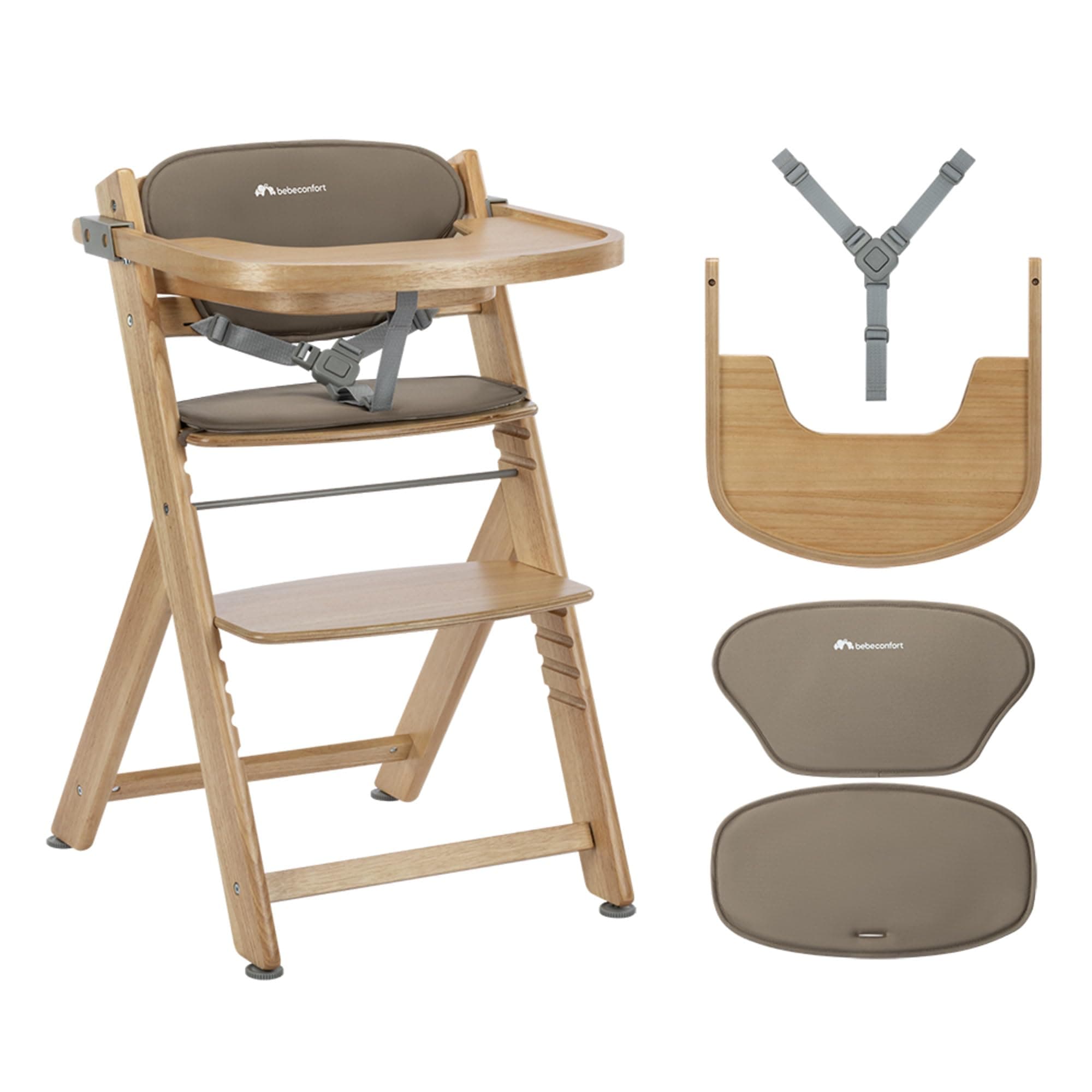 Bebeconfort Timba 2 con Cojín, Trona Bebé Evolutiva, Desde 6 meses hasta 110 kg, Silla Trona Bebé Comedor Ergonómica, Apta Todo Tipo Mesas, Bandeja Extraíble, Con Arnés, Natural Wood (Madera)+Beige