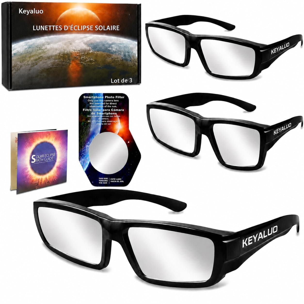 Keyaluo Lot de 3/6 Lunette eclipse solaire,EN ISO 12312-2:2015(E) et CE Certifiees,Approuve AAS 2026,robustes en plastique pour l’observation directe du soleil