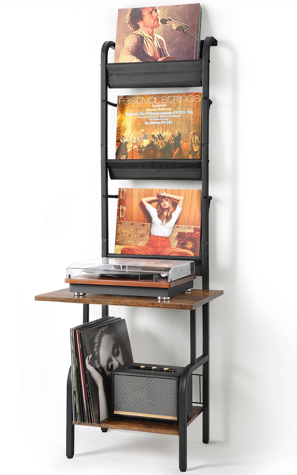 Bikoney Supporto Giradischi con Mobiletto Porta LP, Scaffale a 3 Ripiani per 200 Dischi in Vinile, Tavolino Organizer con Kit Anti-ribaltamento a Muro, Stile Retro
