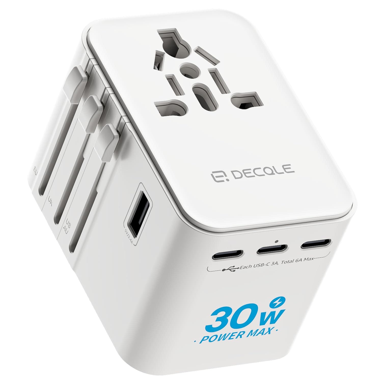 decqle Adattatore Universale da Viaggio, Presa Universale da Viaggio con 3 USB-C(30W) e 2 USB-A e 1 AC, Adattatore da Viaggio Italia Inghilterra Germania America Australia e 224+ Paese(bianca)