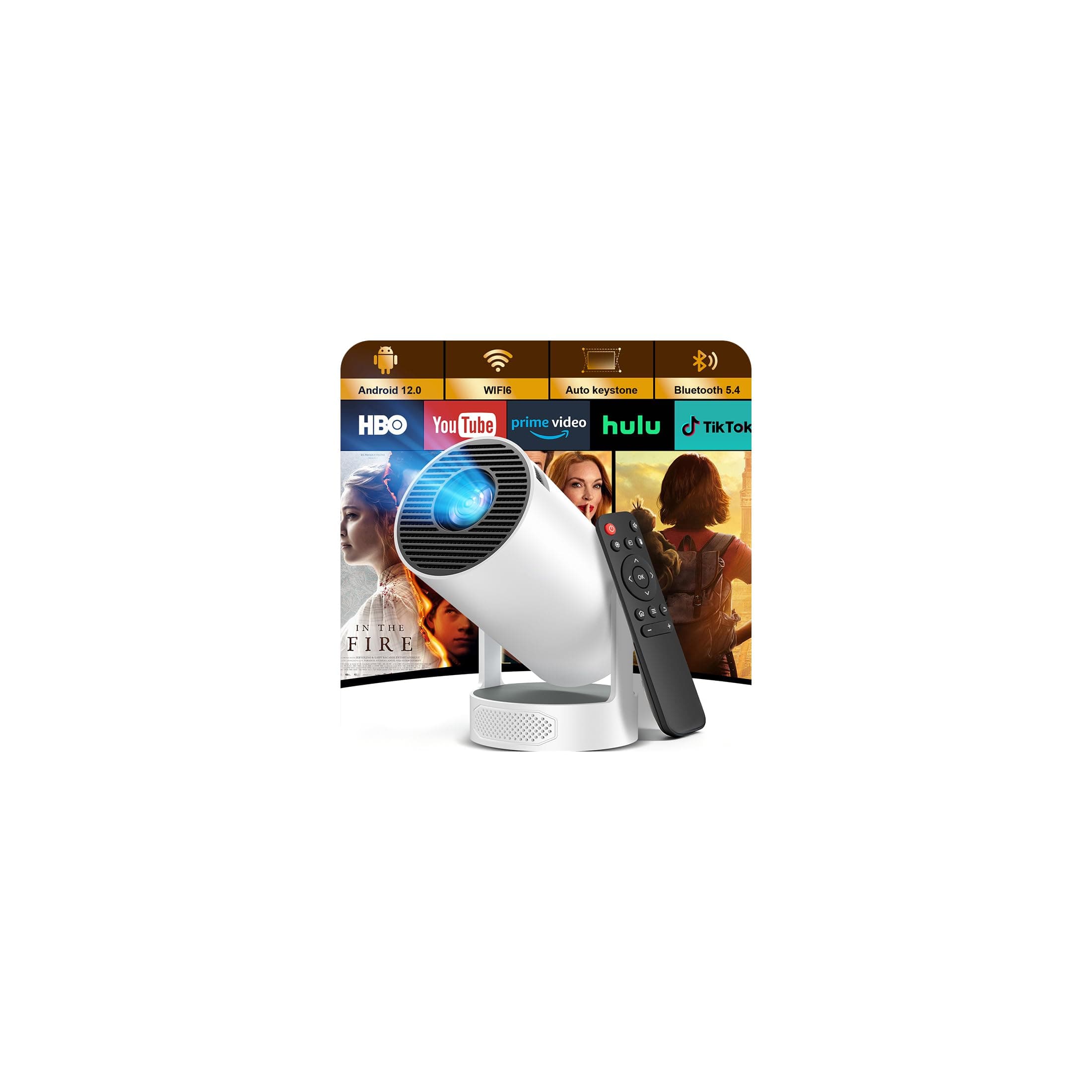 Proyector Portátil, Mini Proyector 4k 1080P Full HD Soporte 200 ANSI con WiFi 6 Bluetooth 5.4 Android 12.0, Altavoz Integrados 5W Auto Keystone Portable 270° Rotation para Cine en Casa Exterior