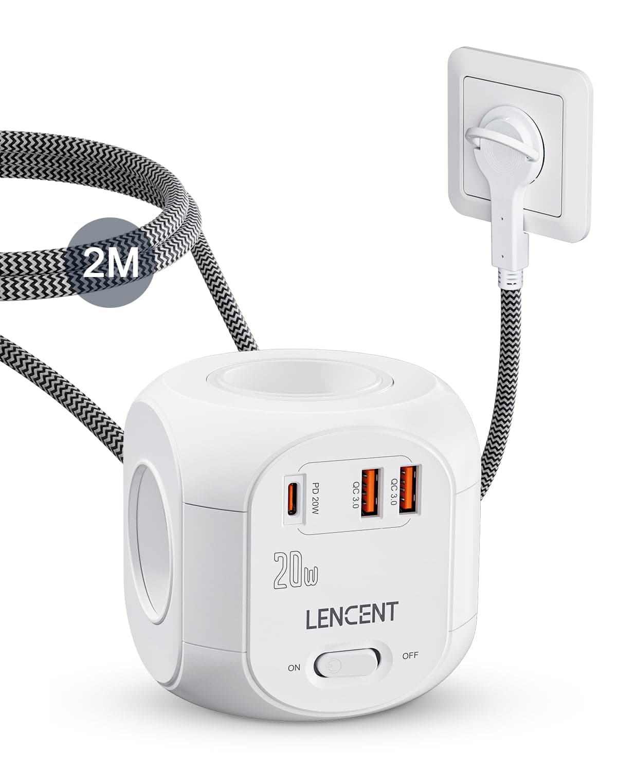 LENCENT Cube rallonge multiprise Fiche Plate Amélioré PD 20W 2M avec 4 Prises AC, 3 USB et 1 Type C, Surtensions pour rallonge électrique avec Interrupteur pour Maison, Cuisine, Bureau, Tressé Cable