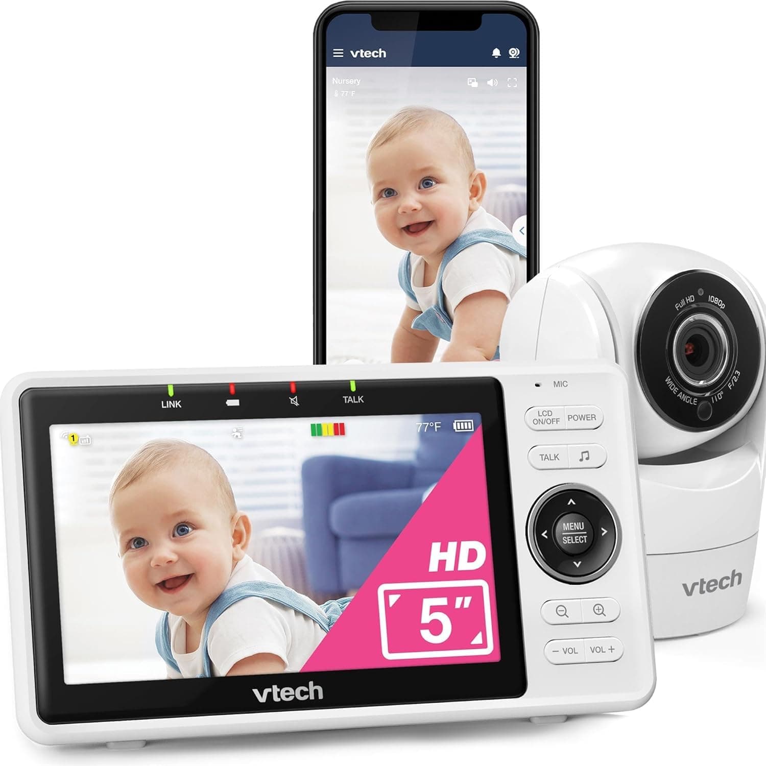 VTech - Cámara de bebé (5 Pulgadas, 1080p, visión panorámica de 120 °, visión Nocturna, Zoom Pan-Tilt a Distancia, Talco bidireccional, Funciona con iOS y Android, WiFi