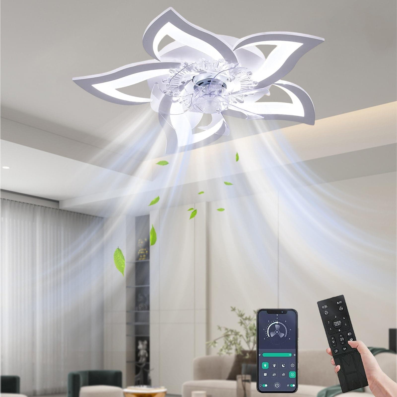Ventilateur Plafond avec Lumière, Plafonnier Ventilateur Silencieux 69CM | Design Floral, Moteur DC Réversible, APP & Télécommande, 6 Vitesses, Mémoire, Minuterie 2H, Chambre, Petit Salon, 50W