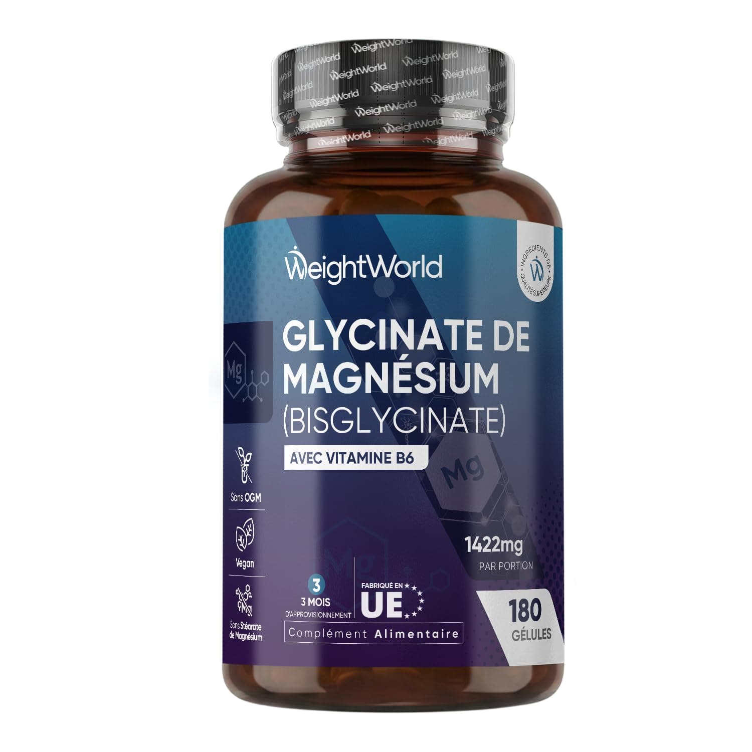 Magnesium Bisglycinate + Vitamine B6 1422mg - 180 Gélules Vegan - le Magnésium Contribue à Réduire la Fatigue & l'Épuisement (EFSA) - 2 Gélules par Jour pour 3 Mois d'Approvisionnement