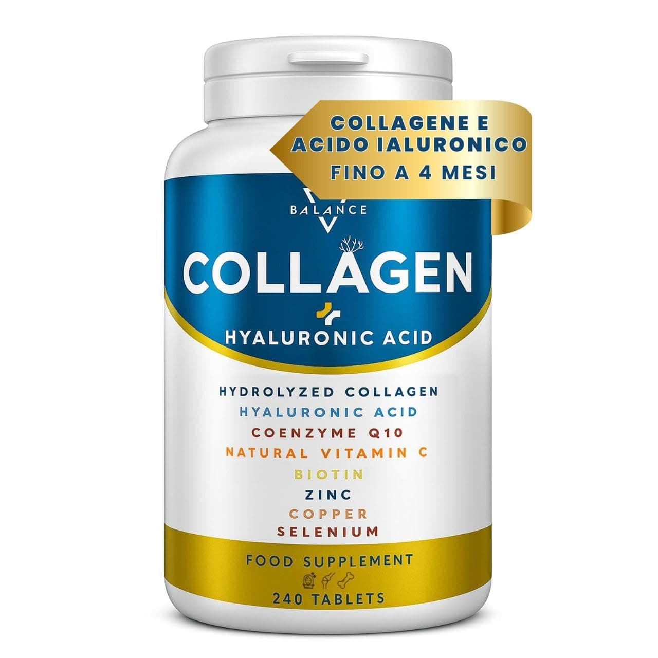 COLLAGENE IDROLIZZATO 2000MG - 240 COMPRESSE | Collagene e Acido Ialuronico, Coenzima Q10, Vitamina C, Biotina e Zinco