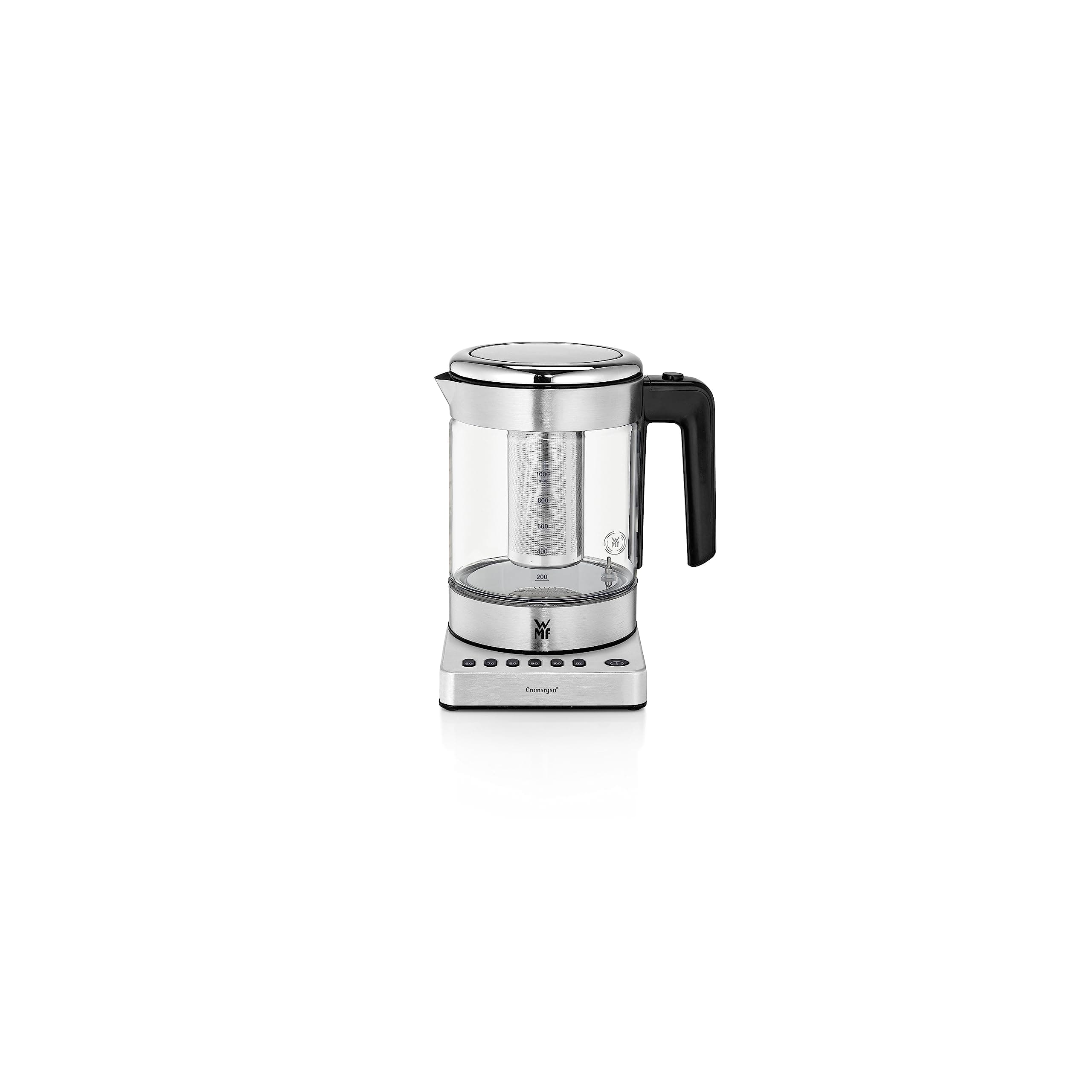 WMF Kitchenminis - Hervidor eléctrico para té de 1900 W y 1.0 l de capacidad, jarra de cristal, acabados de acero inoxidable de cromargan mate