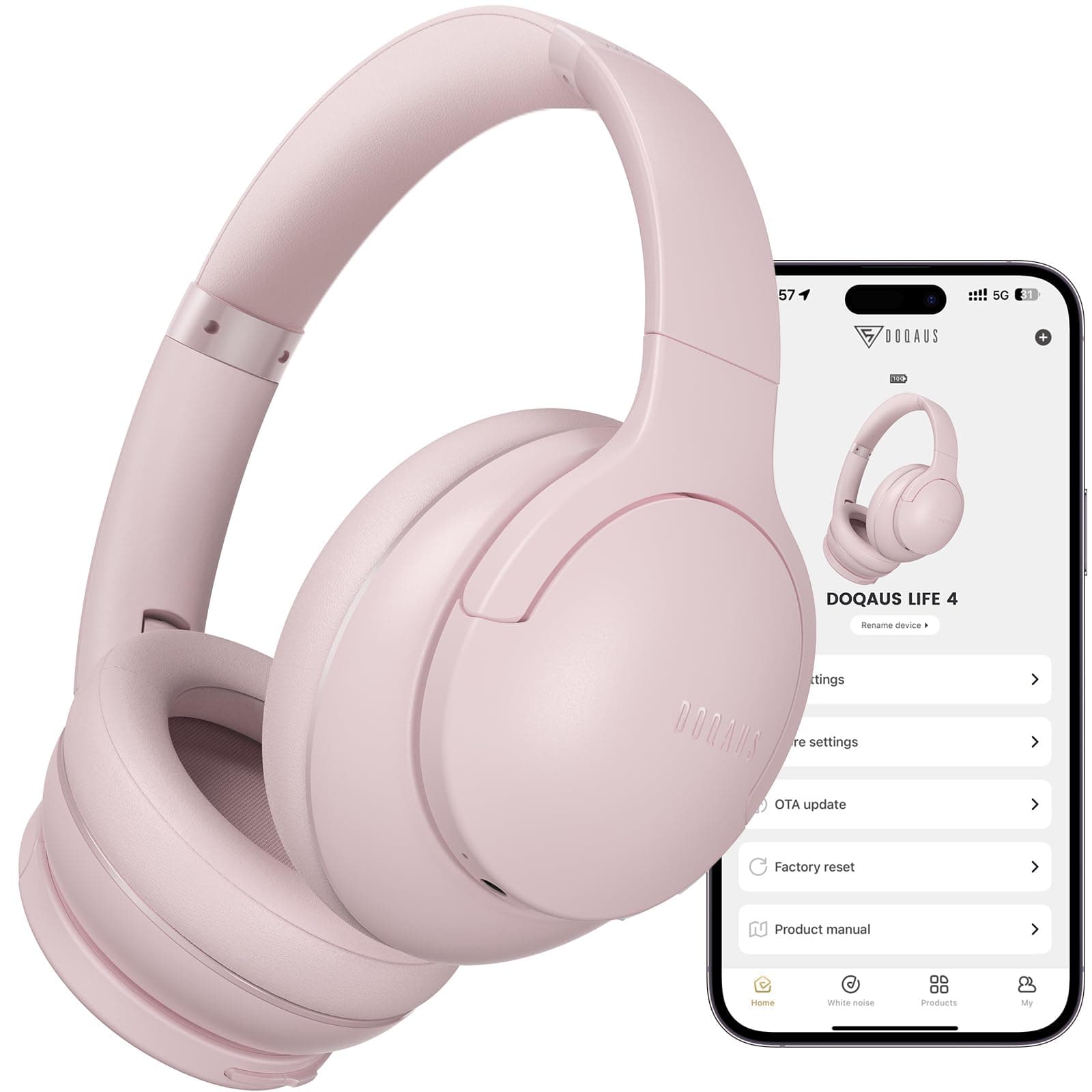 DOQAUS Casque Bluetooth sans Fil 90 Heurs de Lecture,Rose | 9 Modes EQ,Bluetooth 5.4 Casque Audio avec App,Micro Intégré pour Appels,Musique,Téléphone,Tablette et PC