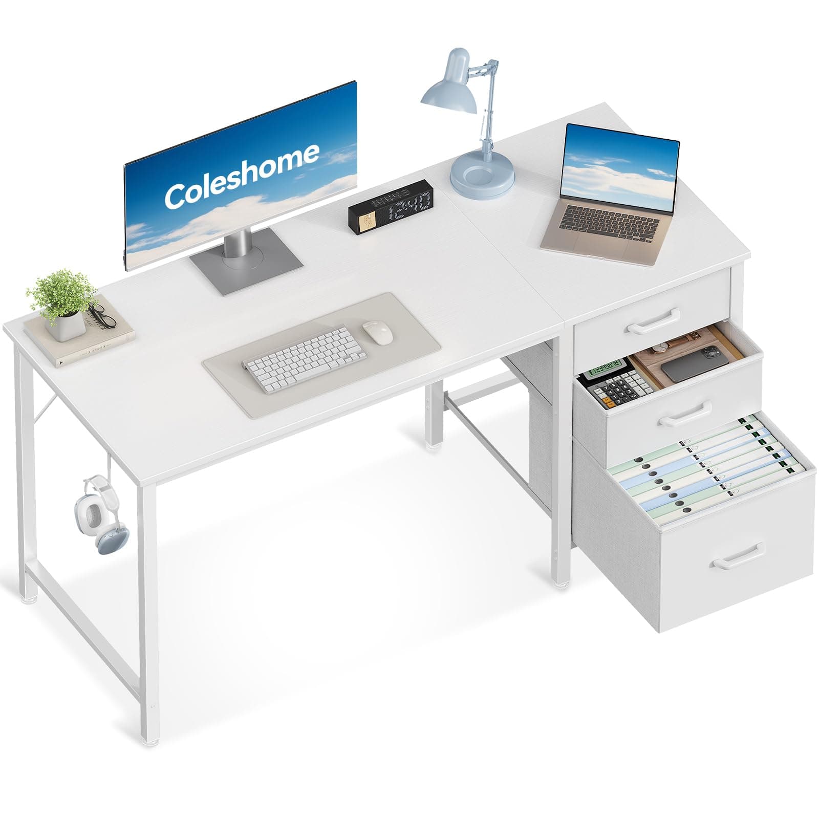 Coleshome Scrivania con 3 Cassetti in Tessuto, 120x48cm Scrivania Salvaspazio con Portacuffie, Bianco Scrivania Computer Reversibile per Piccolo Ufficio in Casa