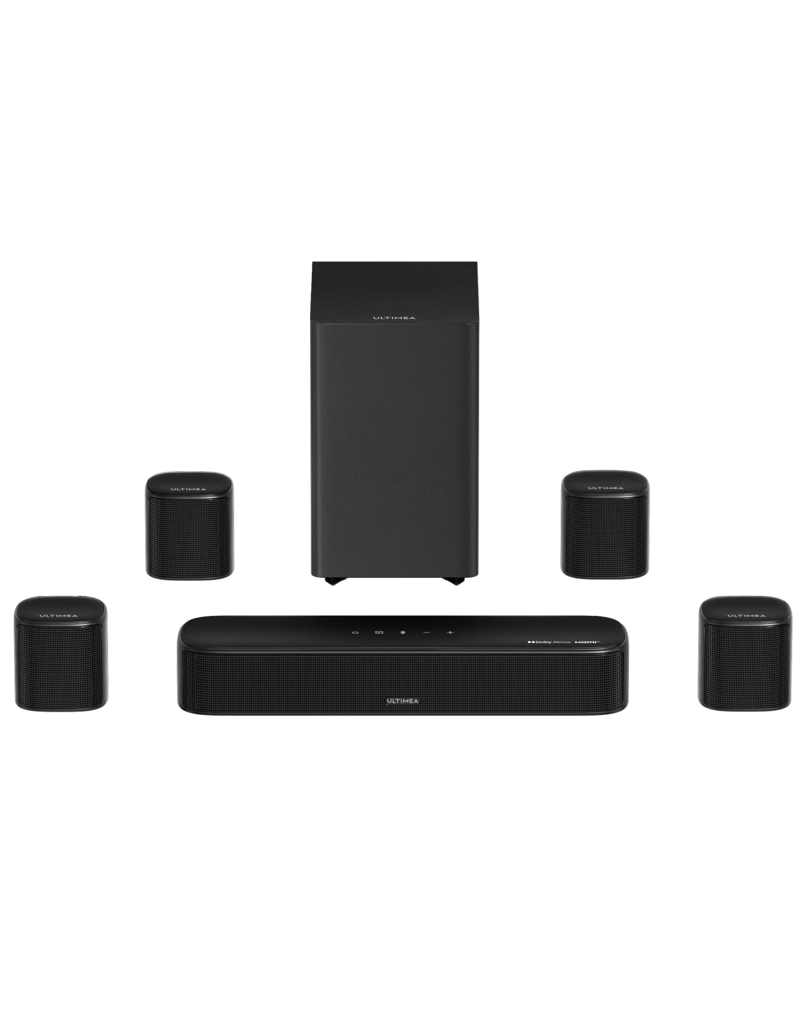 ULTIMEA 7.1 Canali Sistema Audio Surround, Soundbar Dolby Atmos con 4 Altoparlanti Surround, VoiceMX, BassMX, 420W Potenza di Picco Sound Bar per Smart TV, HDMI eARC, Controllo via App, Aura A60 Pro