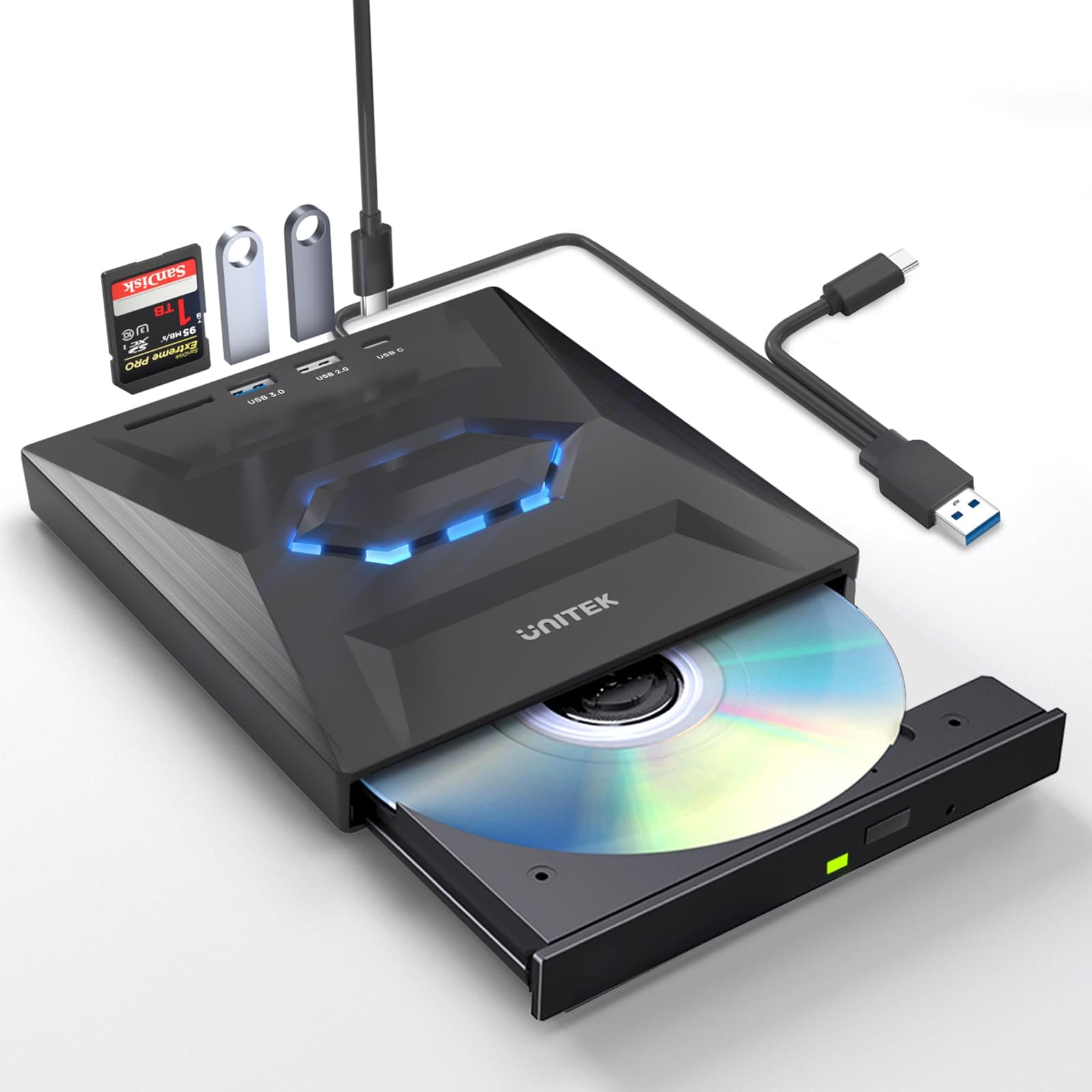 Unitek Unidad externa de CD y DVD,USB C portátil CD/DVD +/-RW,reproductor de DVD con lector de tarjetas SD,USB 3.0, USB C,grabadora de CD ROM compatible con laptop,PC,Windows,Linux,OS, Surface (Negro)