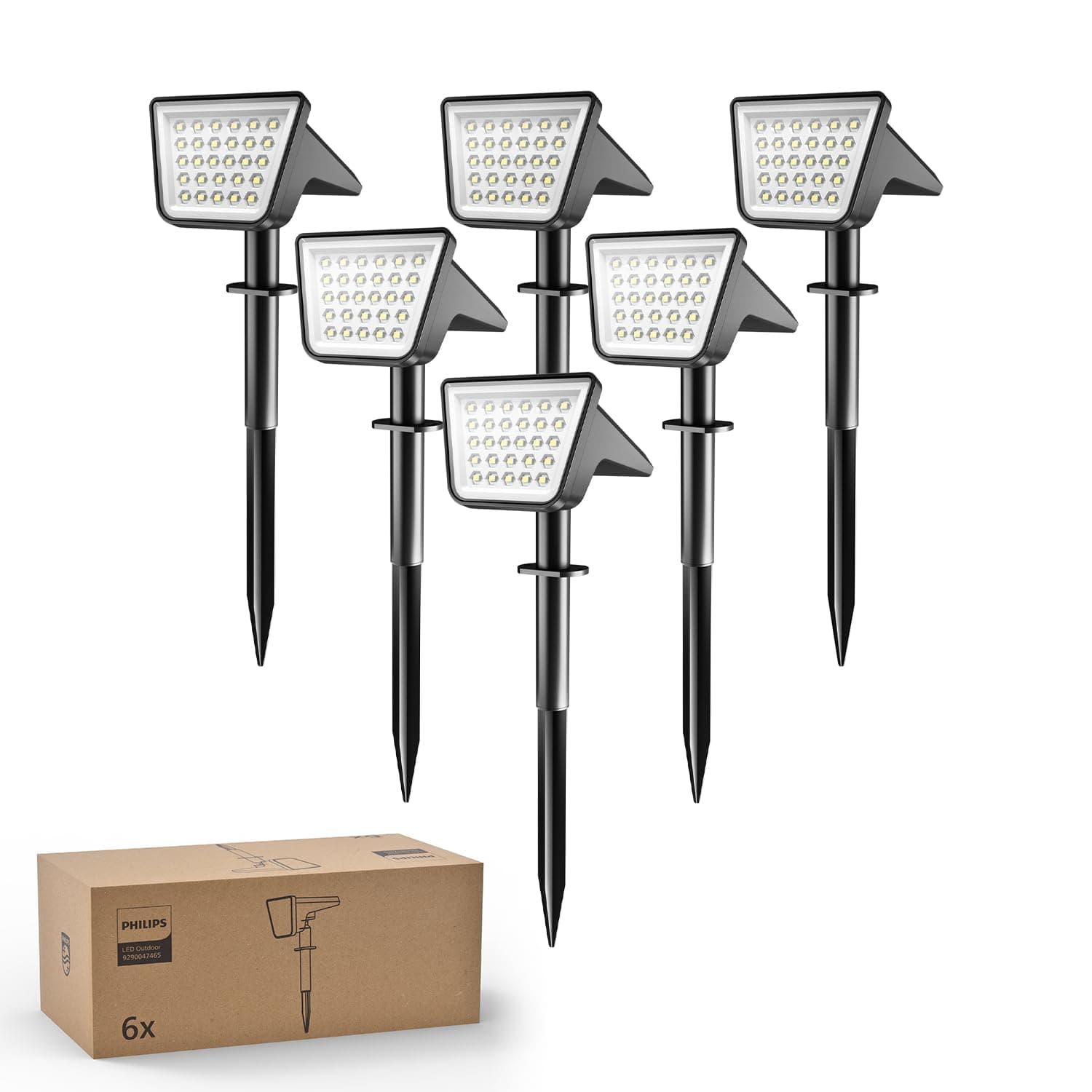 Philips Lot de 6 Projecteurs Spots Lampes Solaires d'Extérieur Étanches, 28 LED 7500K, Éclairage Paysager pour Jardin, Allée et Pelouse, Fonction Crépuscule à l'Aube