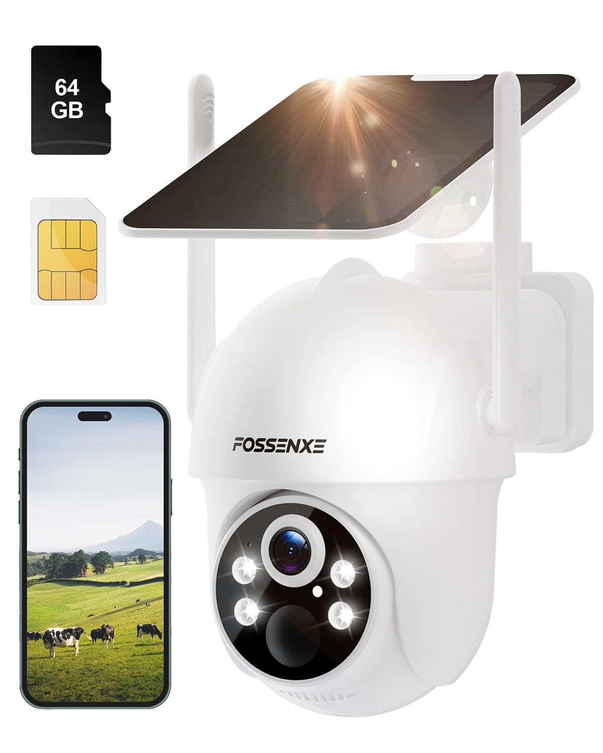 FOSSENXE 4G LTE Camara Vigilancia Exterior con SIM - 2K HD 4MP Camara Vigilancia Solar Sin Cables, Detección Humana PIR, Visión Nocturna, Audio de Dos Vías, PTZ 355°& 90°(No Soporta Wi-Fi)