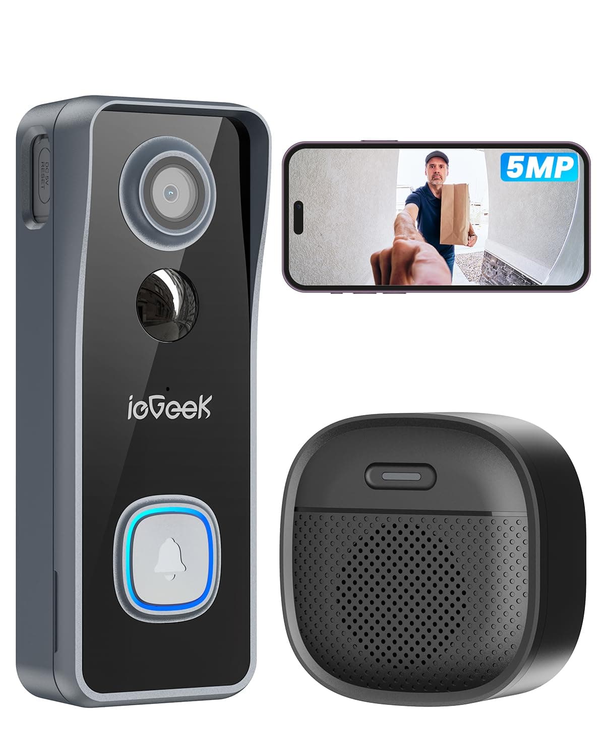 ieGeek 2,5K 5MP Sonnette sans Fil Exterieur Etanche, 166° Sonnette Vidéo avec Caméra Compatible Alexa, Install Facile, Détection IA, IP65 Étanche, Vision Nocturne, WiFi 2,4 GHz Uniquement