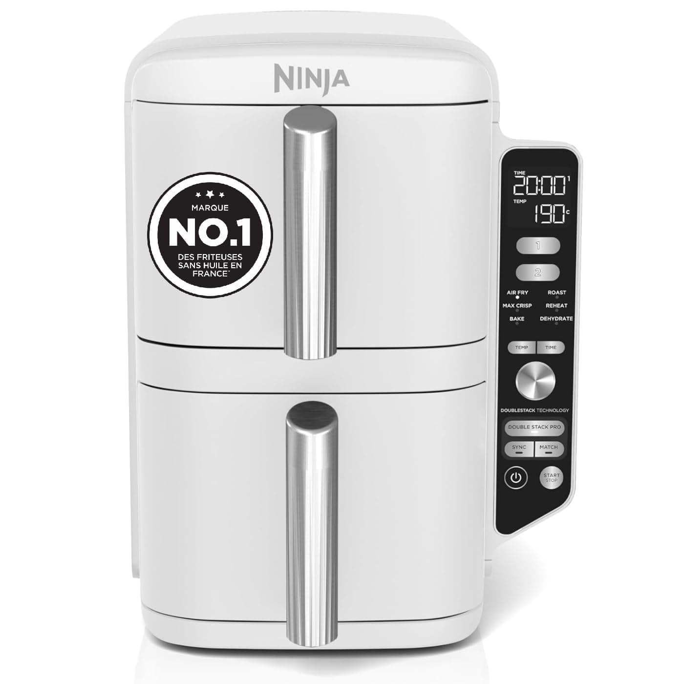 NINJA Double Stack XL Air Fryer, Friteuse sans huile Verticale Double Tiroir 4 Niveaux de Cuisson, 2 Tiroirs, 2 Grilles, Capacité de 9,5 L, 6 Fonctions, 8 Portions, Pinces, Blanc SL400EUWH