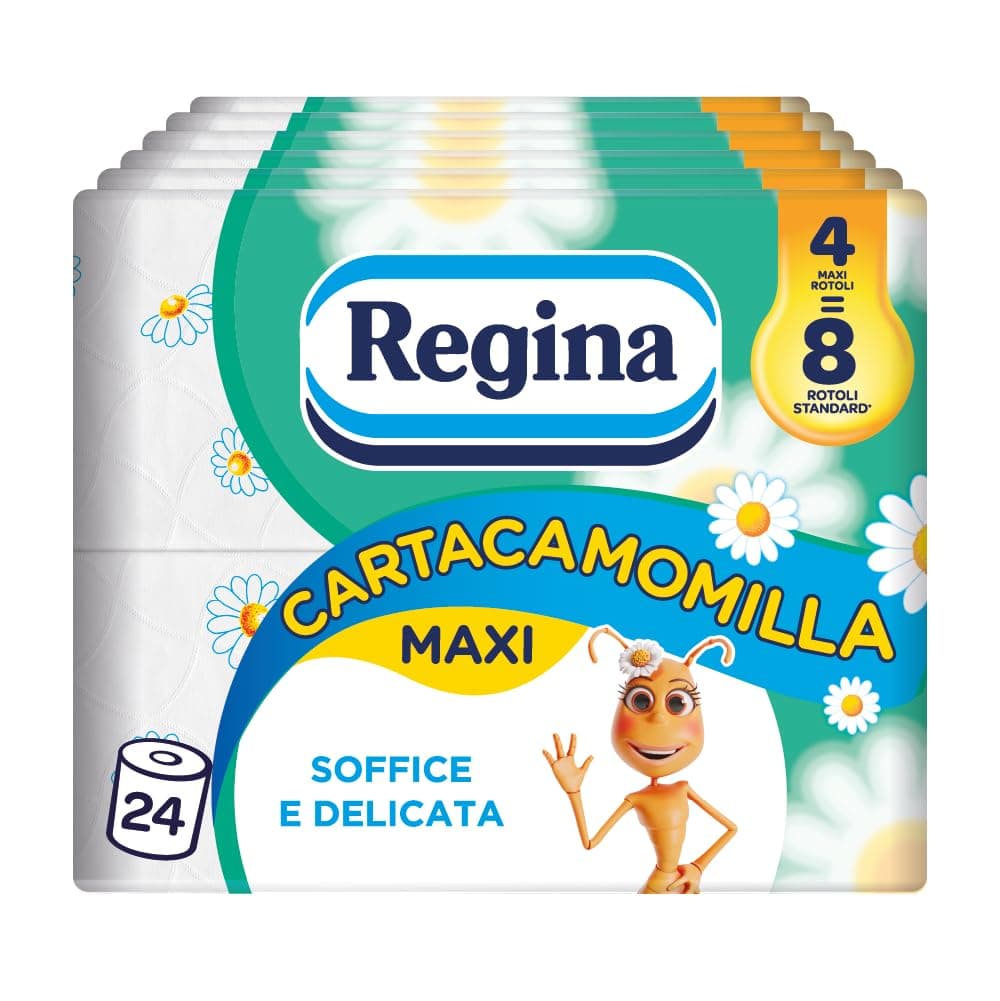 Regina Cartacamomilla, 24 Rotoli di Carta Igienica a 3 Veli | 300 Soffici Fogli, Delicata e Consistente, Profumo di Camomilla, Confezione in Carta Riciclabile, 100% Certificata FSC