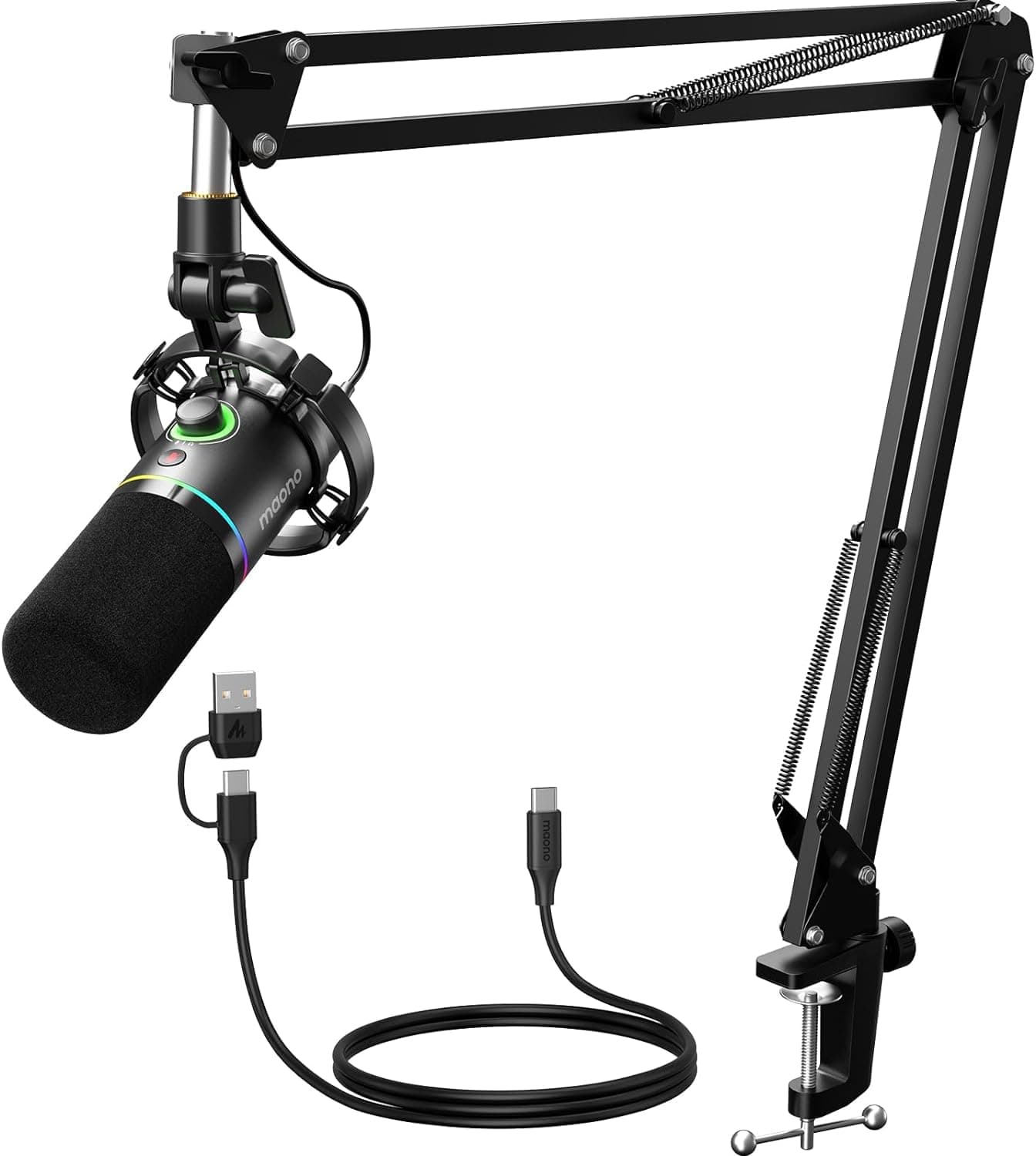 MAONO XLR/USB Microfono dinamico, microfono podcast con braccio, software, pulsante mute, controllo guadagno, per pc gaming, streaming, registrazione, PS4/5 Mac Mixer ecc. PD200XS Nero
