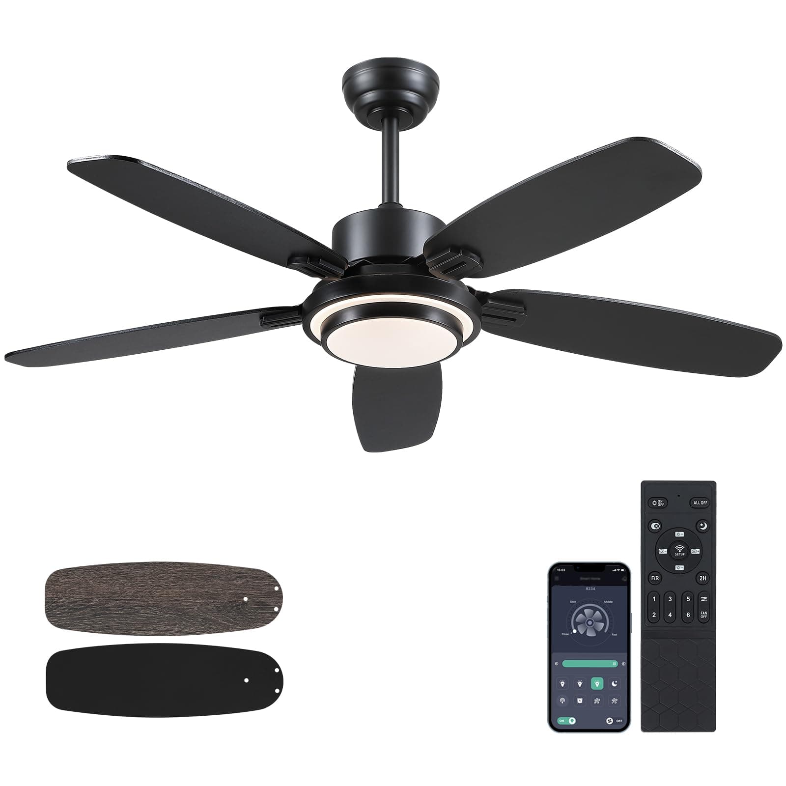 Kviflon Ventilateur de Plafond Connecté avec Lumière 127cm, Moteur DC Réversible et Silencieux, App & Télécommande, Design Moderne, Noir