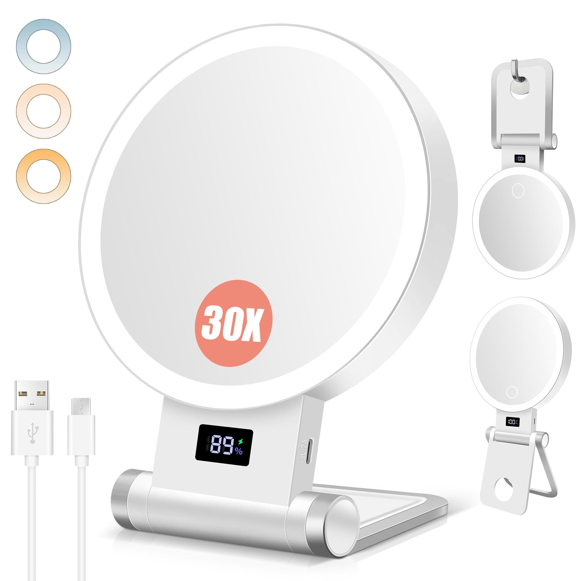 B Beauty Planet Miroir Maquilleur Lumineux 30X/1X, Support surélevé, Indicateur de Batterie, Double Face, 2000mAh, 3 Lumières Réglables, Pose Table/Mur, Pliable et Portable