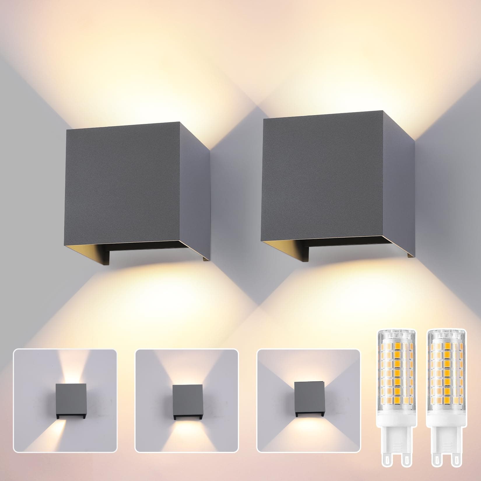 2 Pack Applique Murale Exterieur Interieur LED Ampoules G9 Remplaçable IP65 Étanche Lampe Murale Extérieures Gris Foncé 3000K Blanc Chaud Applique Carrée Aluminium Réglage de l'angle d'éclairage