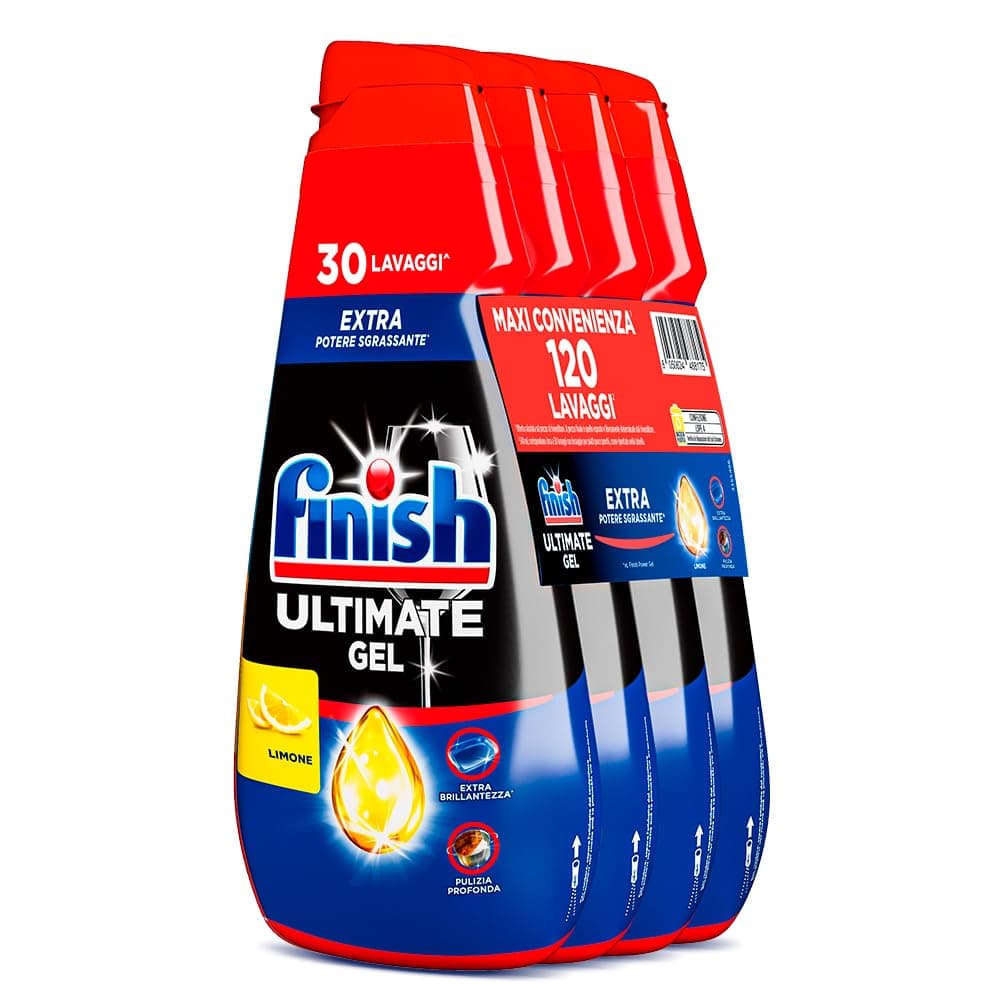Finish Ultimate Gel, Detersivo per Lavastoviglie, 120 Lavaggi, 4 confezioni da 30 Lavaggi, Limone, Extra Potere Sgrassante, Extra Brillantezza, Pulizia Profonda
