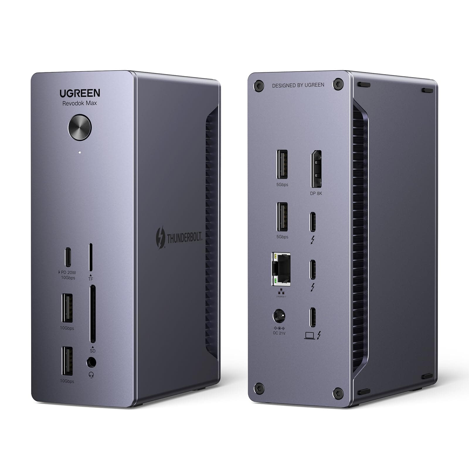 UGREEN Revodok MAX 213 Thunderbolt 4 Docking Station 13 en 1 Doble Pantalla | 2 TBT4, 1 DisplayPort, 40Gbps, Doble 4K60Hz, Único 8K30Hz, 4A1C, RJ45 2.5GbE, SD TF, Carga 90W, DC 180W, Audio 3,5 mm
