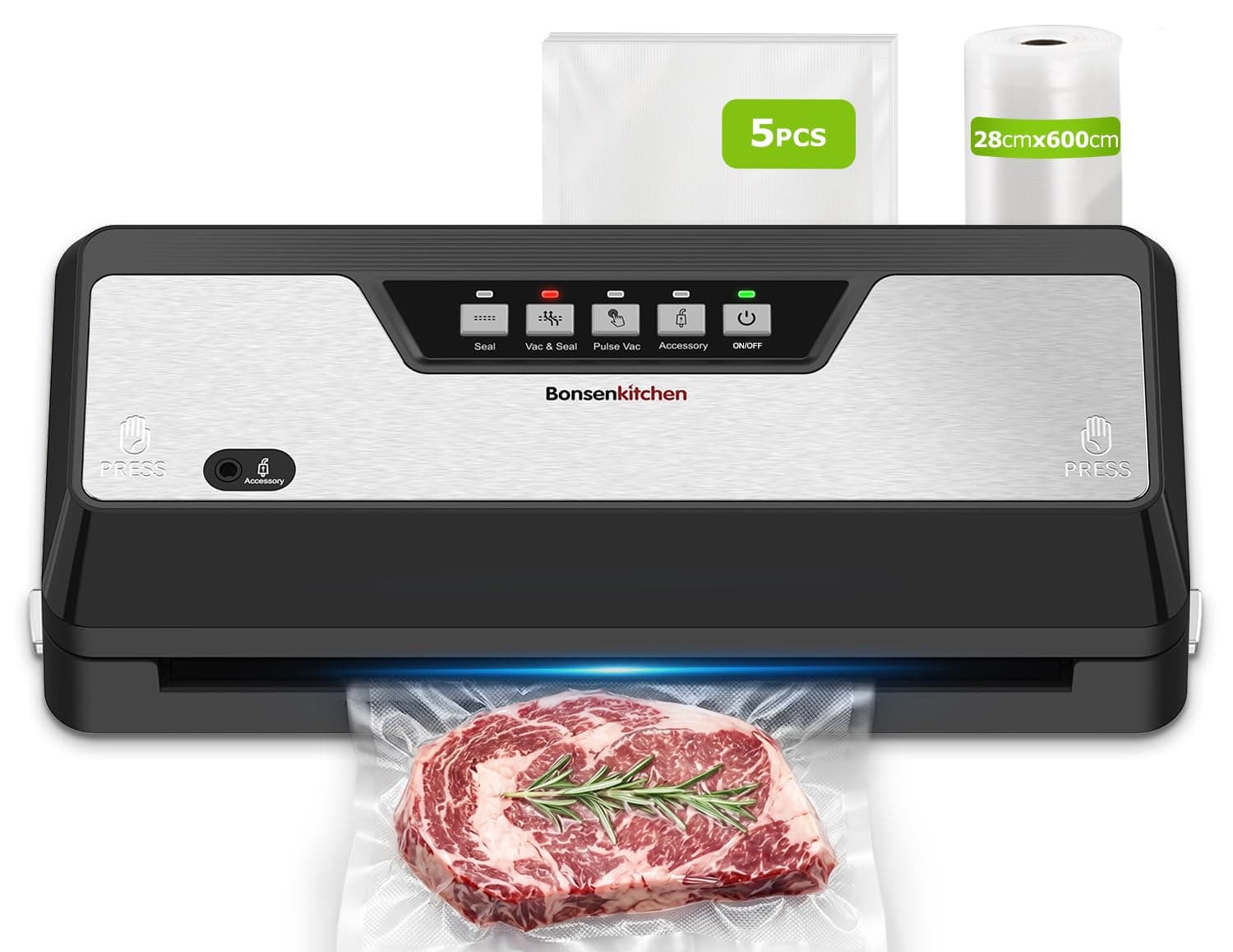 Bonsenkitchen Machine Sous Vide Alimentaire avec Coupeur Intégré | 125 Watts, 4 Modes, Barre de Scellage Élargie, Livré avec 1 Rouleau de Sacs et 5 Sacs Sous Vide, VS3019