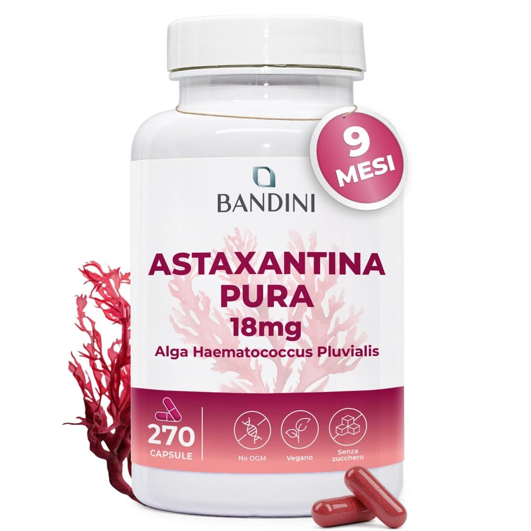 Bandini® Astaxantina pura 18 mg per capsula | 270 capsule - 9 mesi di scorta | Potente antiossidante naturale da alga Haematococcus Pluvialis - Natural Astaxanthine, Senza magnesio stearato, Senza OGM | (1 capsula al giorno), alga Haematococcus Pluvialis, astaxantina naturale, priva di magnesio stearato, senza OGM, 100% vegano