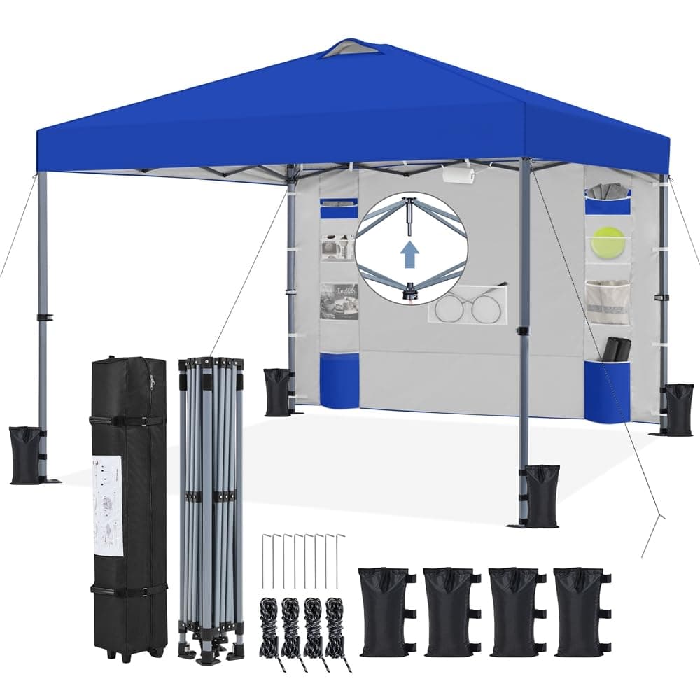 Yaheetech 3x3M Carpa Pop-Up con Botón Central con Pared Lateral de 9 Bolsillos de Almacenamiento, Altura Ajustable 1 Bolsa con Ruedas 4 Sacos de Arena para Playa, Patio, Camping y Jardín (Azul, 3x3M)