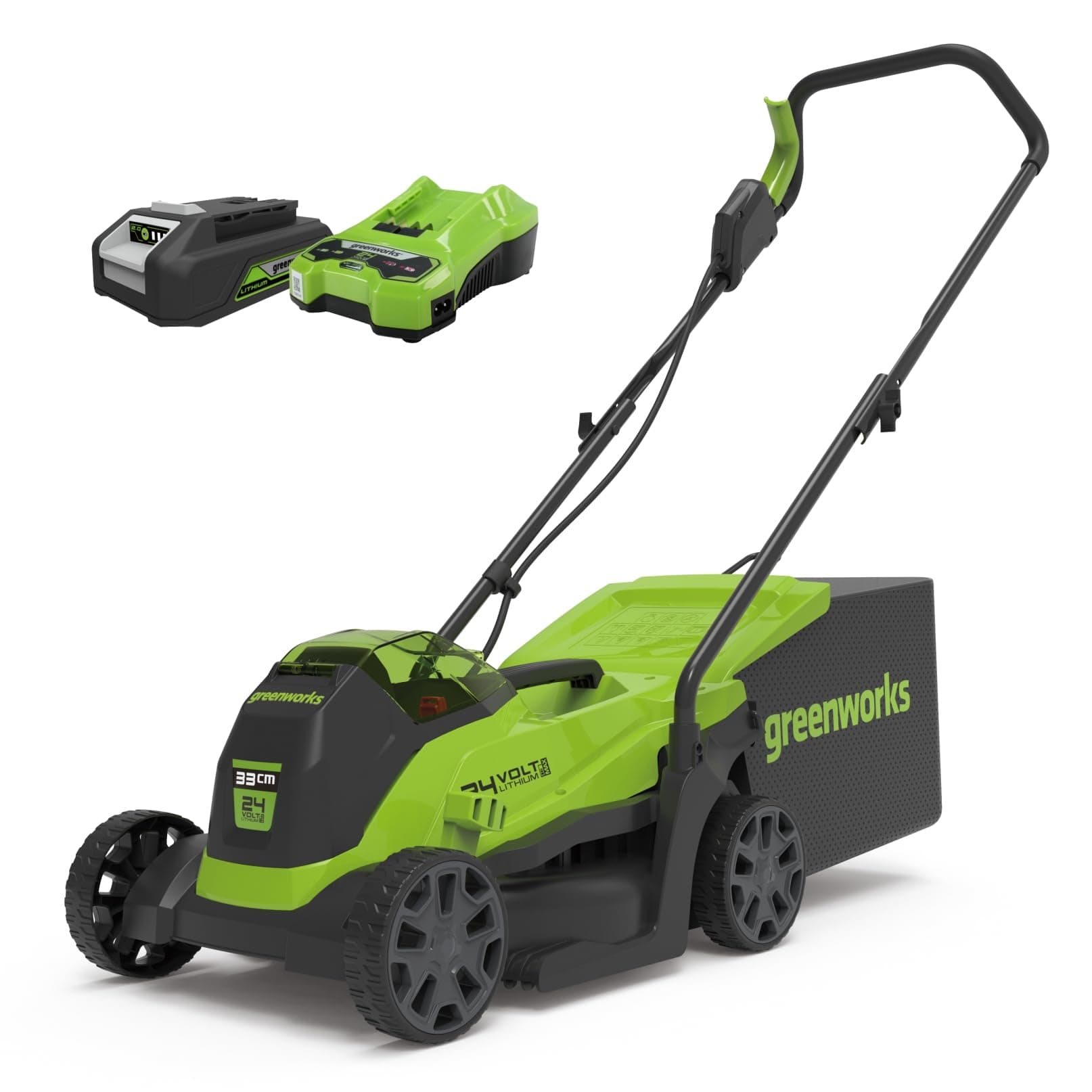 Greenworks GD24LM33K2 Tondeuse à Gazon Sans Fil avec Moteur Sans Brosse pour Petites Pelouses Jusqu'à 140m², Largeur de Coupe 33 cm, Sac de 30L, INCLUS Batterie 24V 2Ah et Chargeur, Garantie 3 Ans