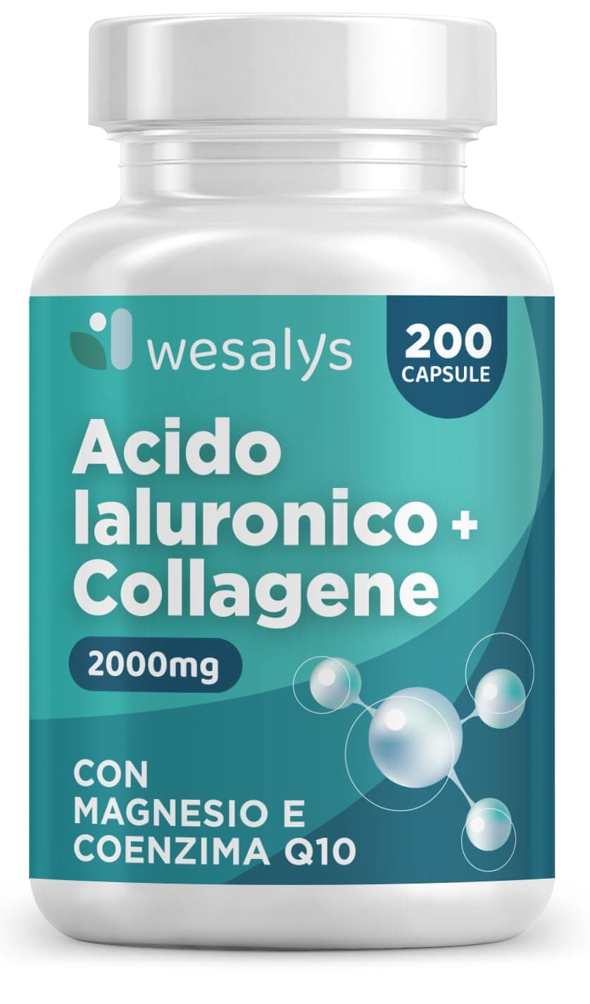 Collagene Idrolizzato 2000mg + Acido Ialuronico 500mg - 200 Capsule, Integratore Collagene e Acido ialuronico con Vitamina C naturale, Coenzima Q10 e Zinco per Pelle, Ossa, Articolazioni e Capelli