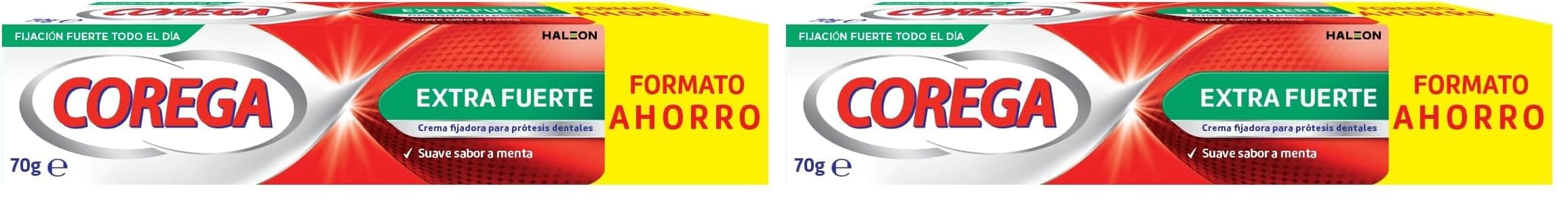 Corega Crema Fijadora Para Prótesis Dentales Extra Fuerte, Durante Todo el Día, Sabor a Menta Fresca, 70 g (Paquete de 2)