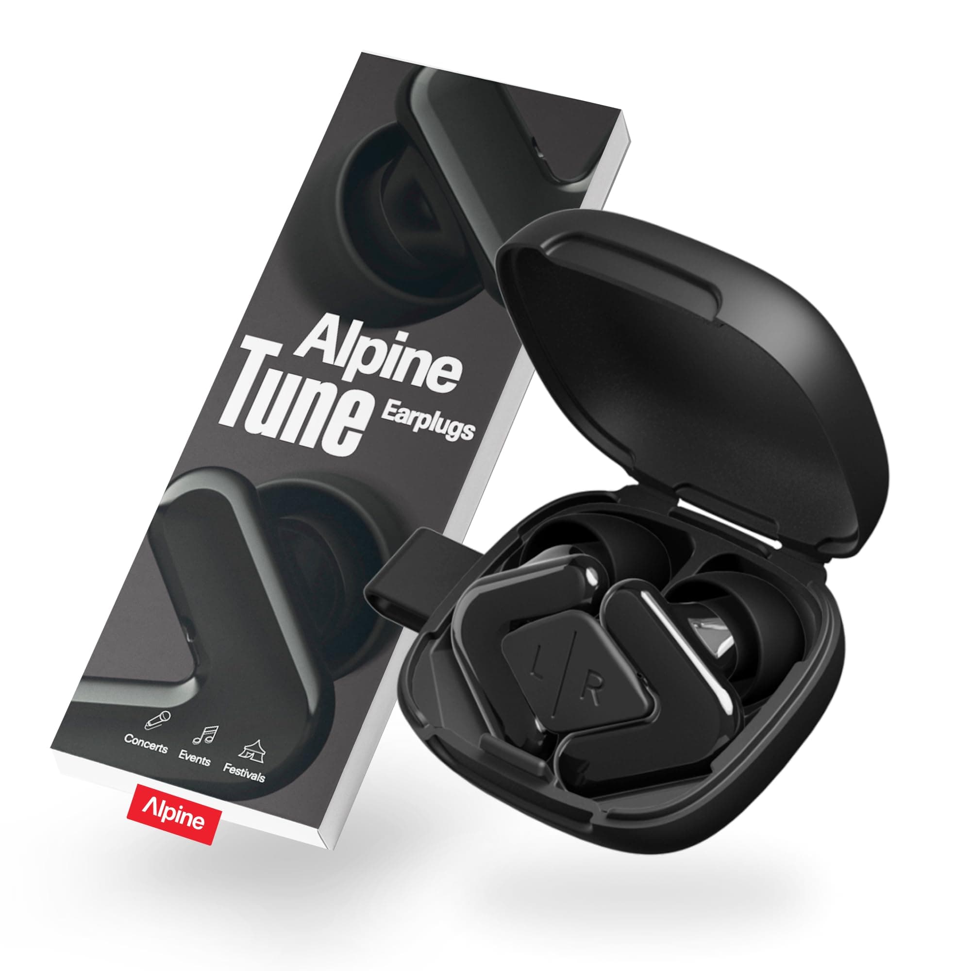 Alpine Tune Bouchons d'Oreilles Pour Concerts & Musique, Protection Auditive 19dB Certifiée, Réduction Du Bruit, Haute Fidélité, Boules Quies, 4 Tailles, Pour Festivals, Musiciens & Clubs, Noir
