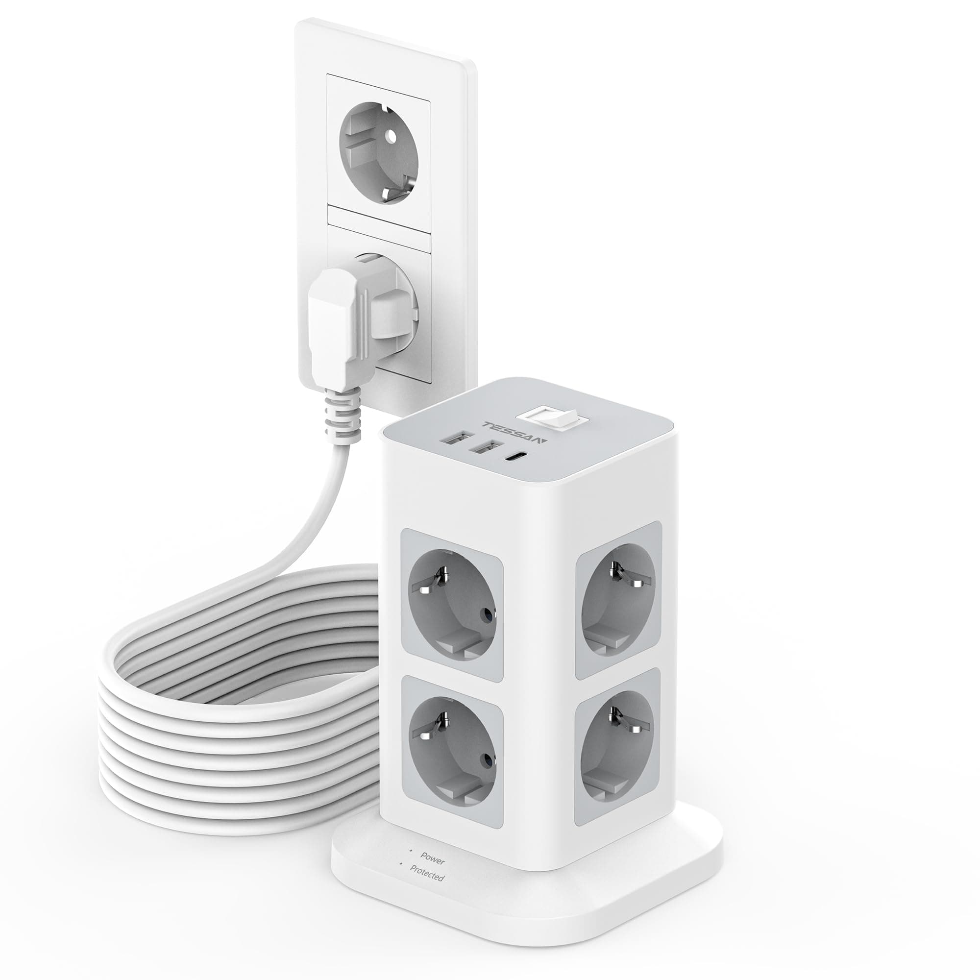 TESSAN Regleta Enchufes 10 Metros con Protección Sobretensione 3600W 16A, Torre Enchufes Vertical con 3 USB y 8 Tomas, Regleta Alargador 10 Metros con Interruptor para Mesa, Oficina, Casa, Gris