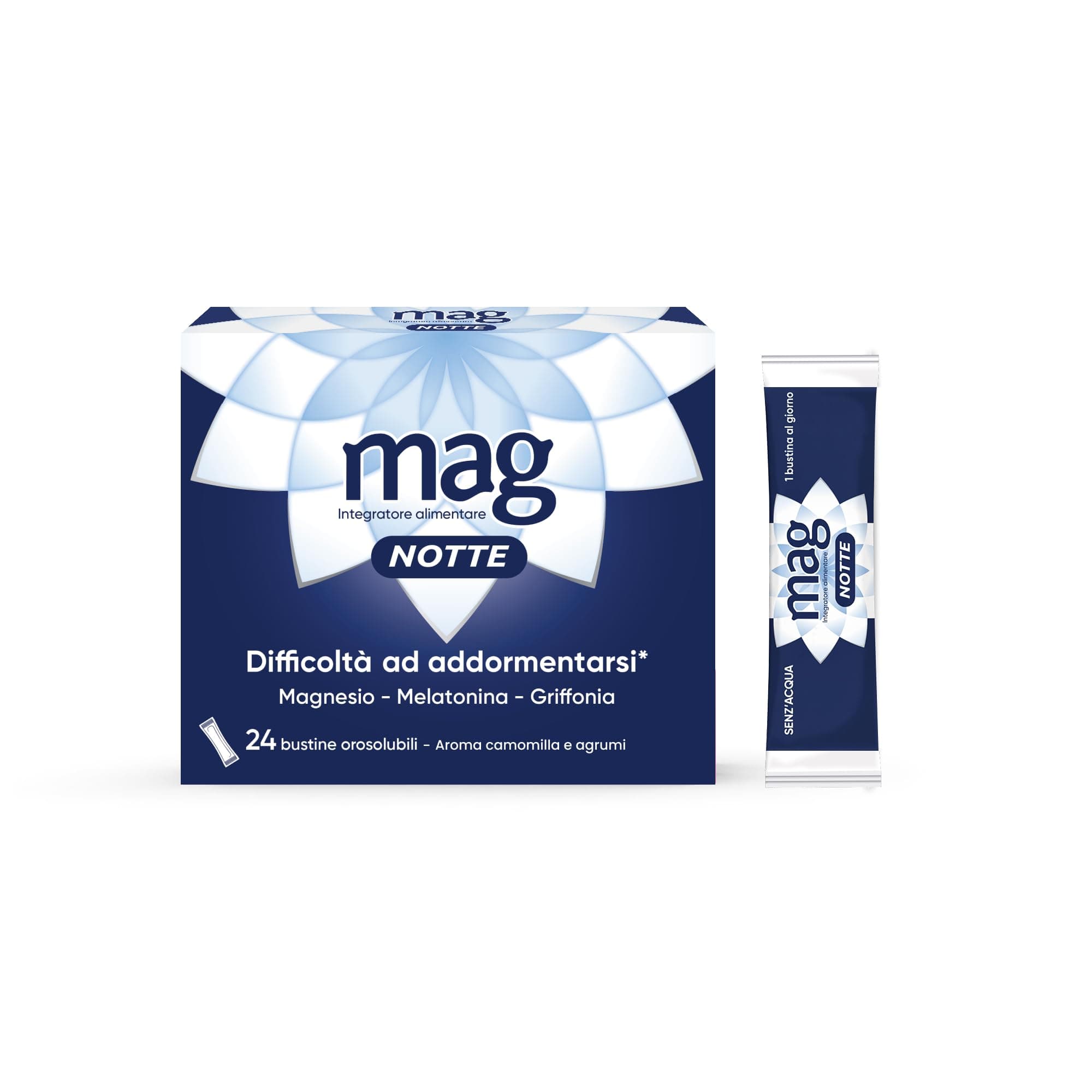 Mag Notte - Integratori per Adulti con Melatonina, Magnesio, Griffonia, L-Triptofano – Favorisce il Sonno, Riduce i Disturbi del Sonno, Senza Glutine (24 Bustine monodose aroma Camomilla e Agrumi)