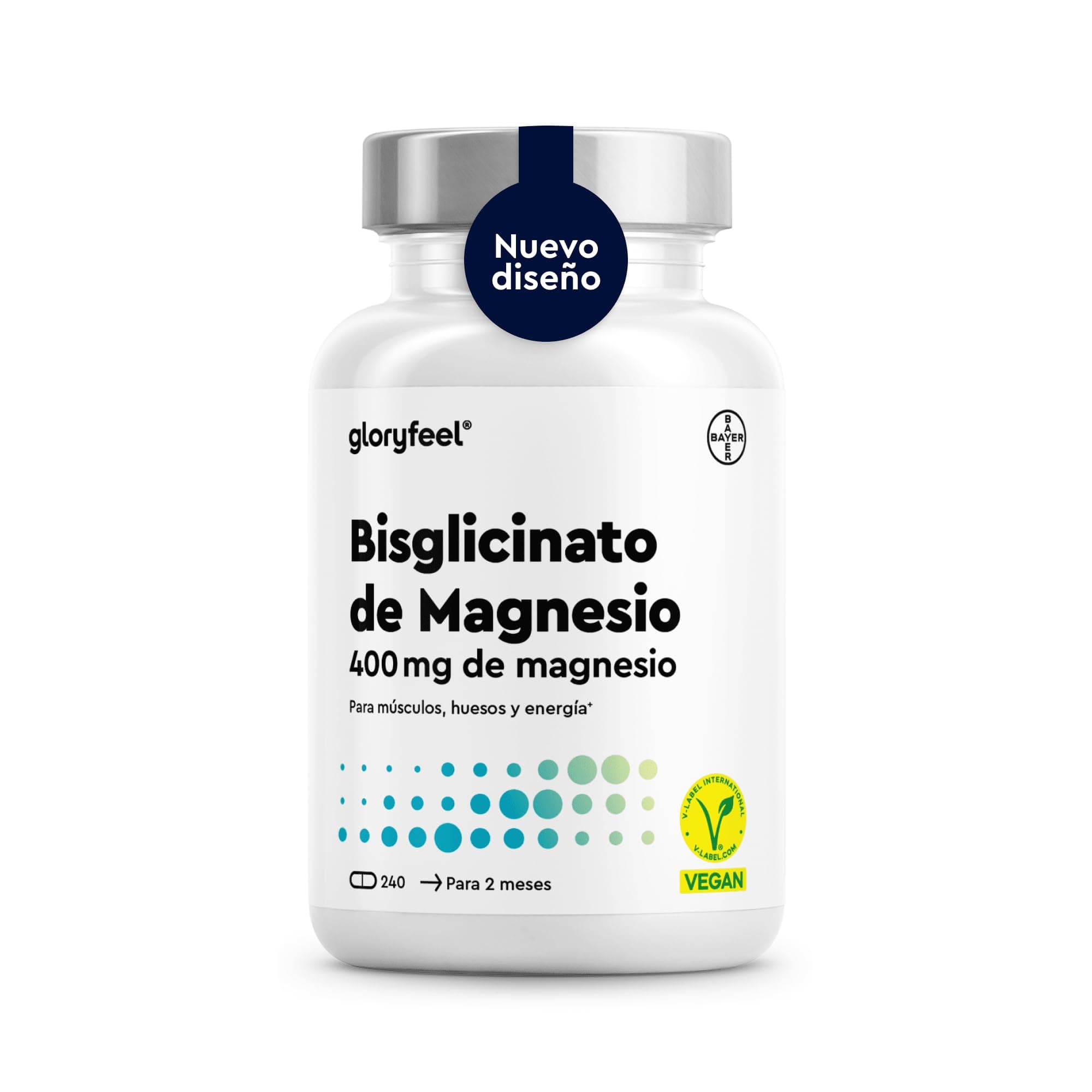 Glicinato de Magnesio 240 Cápsulas - 400 mg de magnesio elemental/dosis diaria - Suministro para 2 meses - Magnesio quelado - Inocuo para el estómago, vegano, de alta dosificación