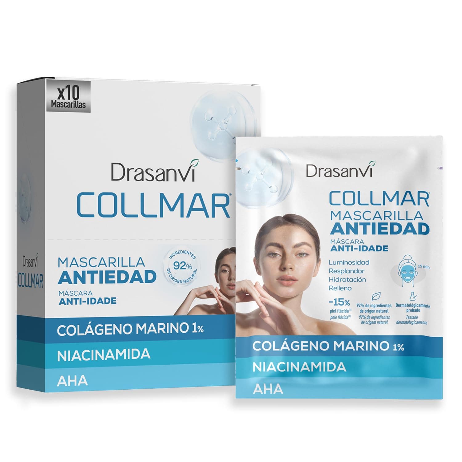 Drasanvi Collmar Mascarilla Facial Antiedad Premium x10 con Colágeno Marino, Niacinamida y AHA | Hidratación Intensa, Firmeza y Luminosidad | Tratamiento Rejuvenecedor