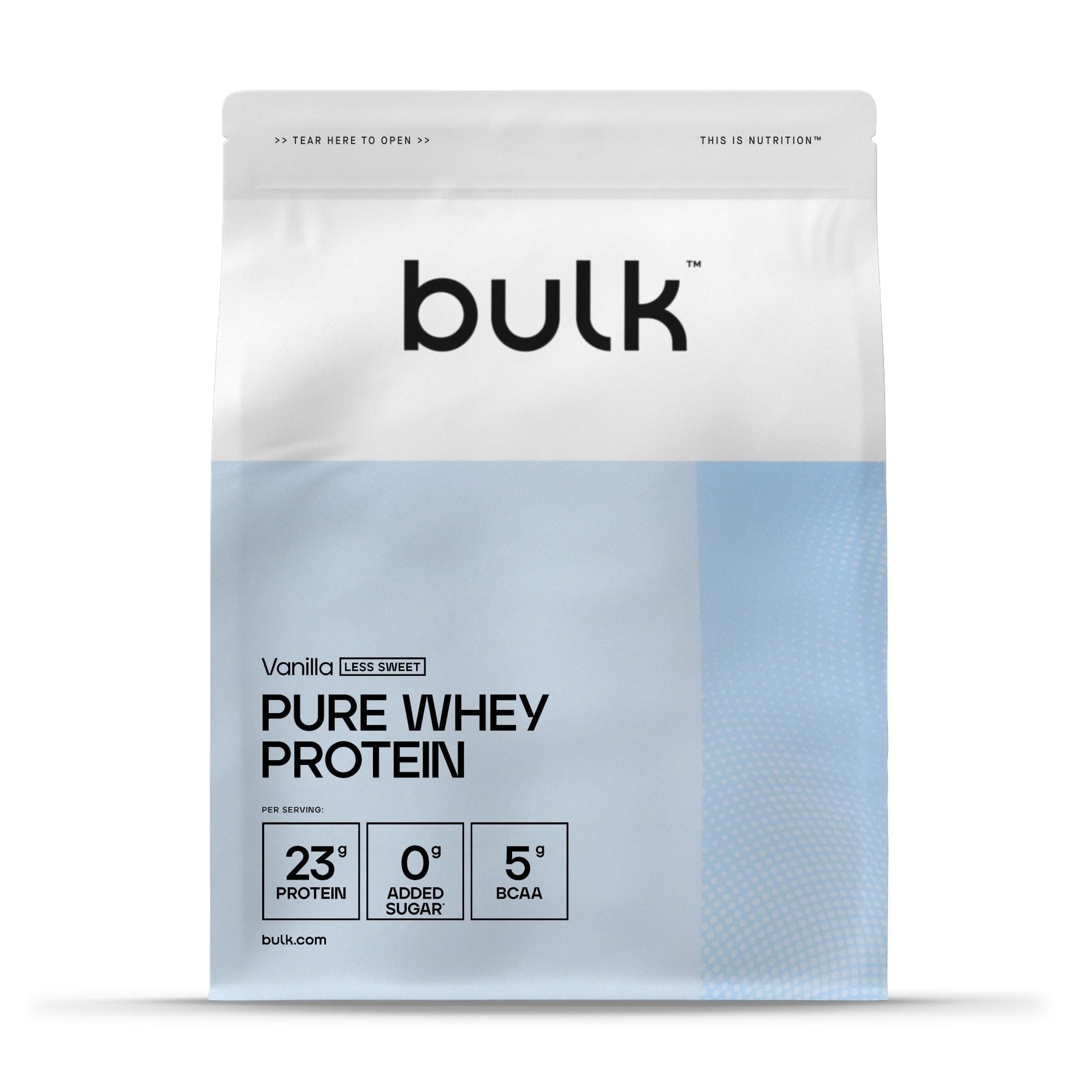 Bulk Pure Whey Proteína en Polvo Menos Dulce, Vainilla, 23g de Proteína y 5g de BCAA por Porción, Batido de Concentrado de Suero, Bajo en Azúcar, Apoya el Crecimiento y la Recuperación Muscular, 1kg