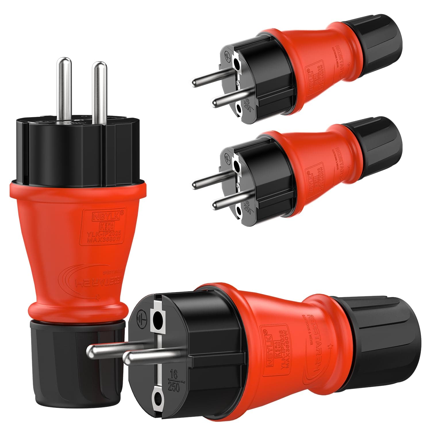 RedStar24 - Prise Mâle 220V IP54 | Fiche de Protection Robuste en Caoutchouc & Plastique, Noir Rouge | Parfait pour l’Extérieur | Prise Électrique à 3 Broches | Set de 4 Fiches Mâles Schuko