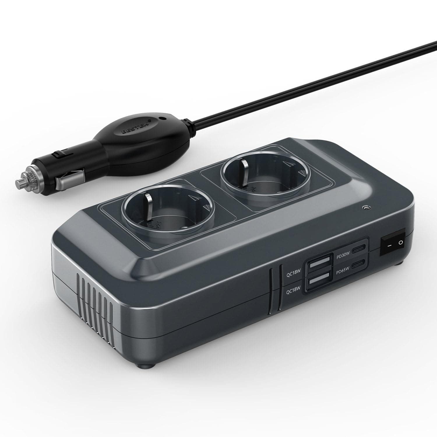 BESTEK Convertitore 12 V 220 V 230 V 200 W Presa accendisigari trasformatore di Tensione, 4 Porte USB e 2 Prese EU, Caricatore da Auto da Campeggio con Multi Protezioni e Soft Start