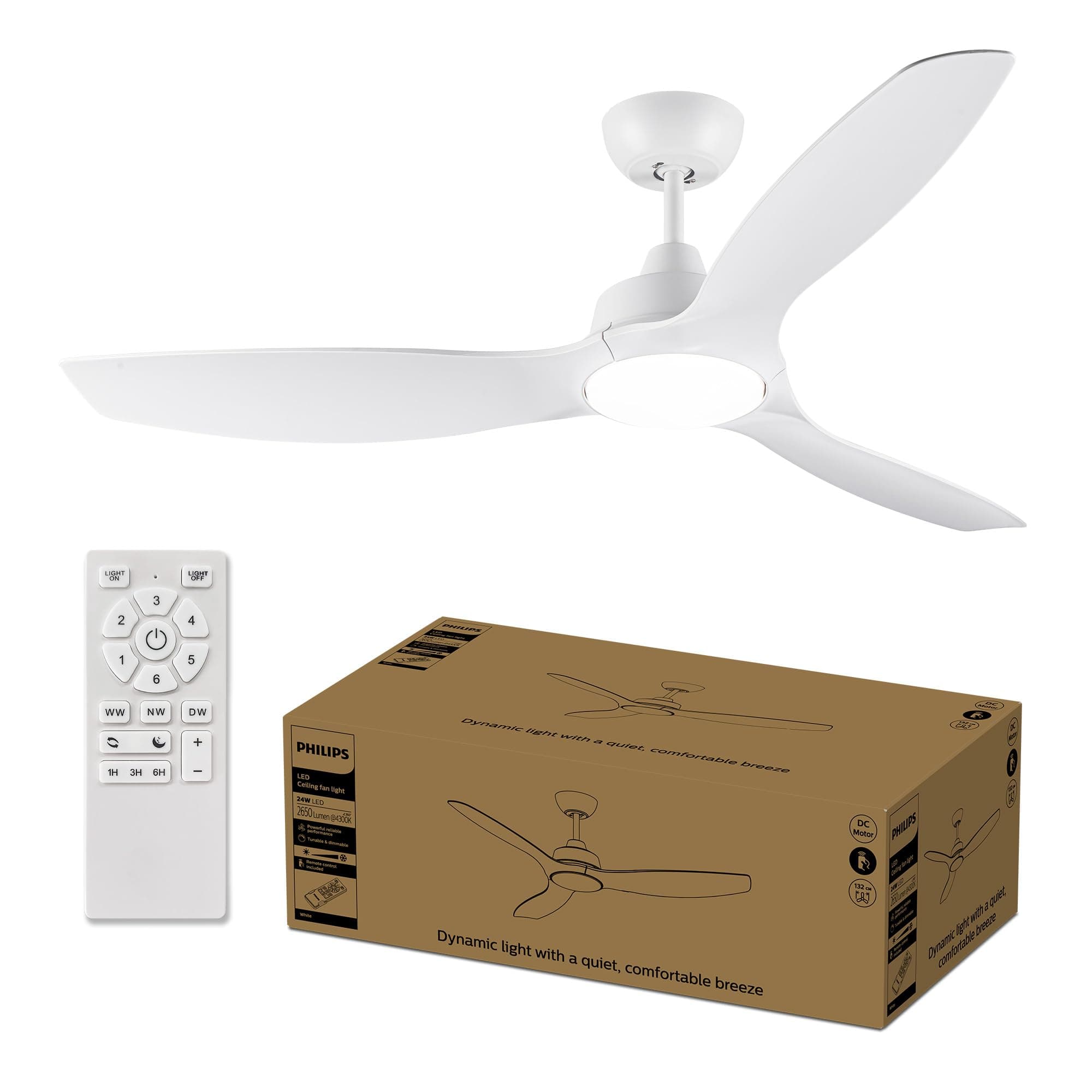 PHILIPS Deckenventilator mit festem Flügel, 3 Flügel, groß (52"), 28 W LED-Licht, Gleichstrommotor, Farbtemperaturbereich (3000 K, 4300 K, 6500 K) mit Dimmfunktion, inkl. Fernbedienung