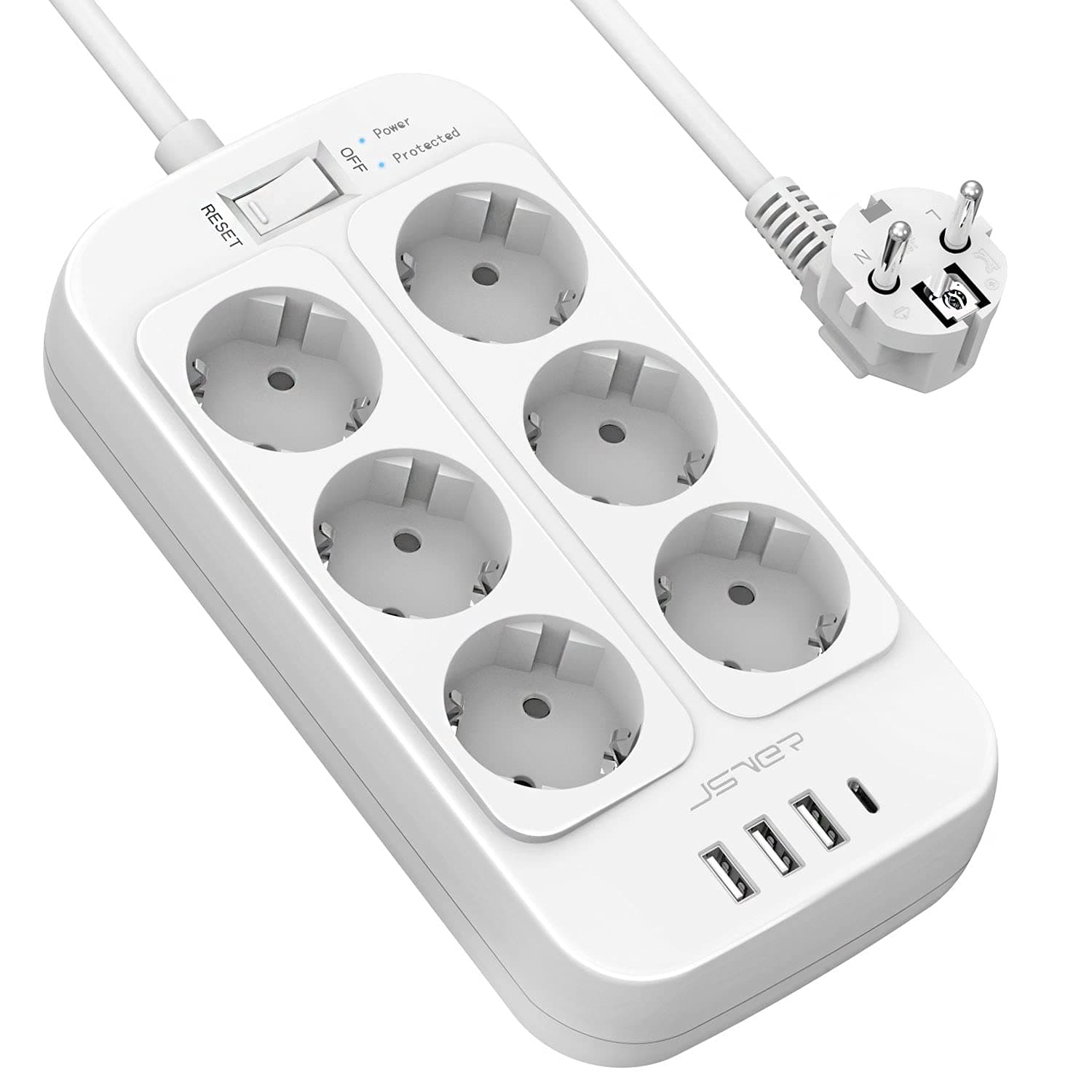 JSVER Regleta Enchufe, 4 Puertos USB (3 USB A + 1 USB C) y 6 Tomas, Protección Sobretensión, Cable 2m - Blanco