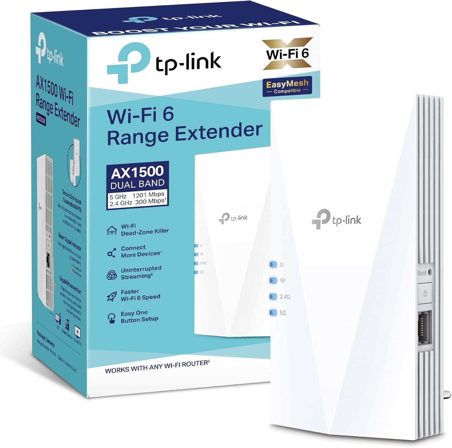 TP-Link Répéteur WiFi 6 Puissant 1500 Mbps, Port Gigabit, RE500X | Compatible toutes box, Profitez d'une connexion rapide WiFi 6 jusqu'à 100 m², Idéale pour le Streaming HD & le Télétravail