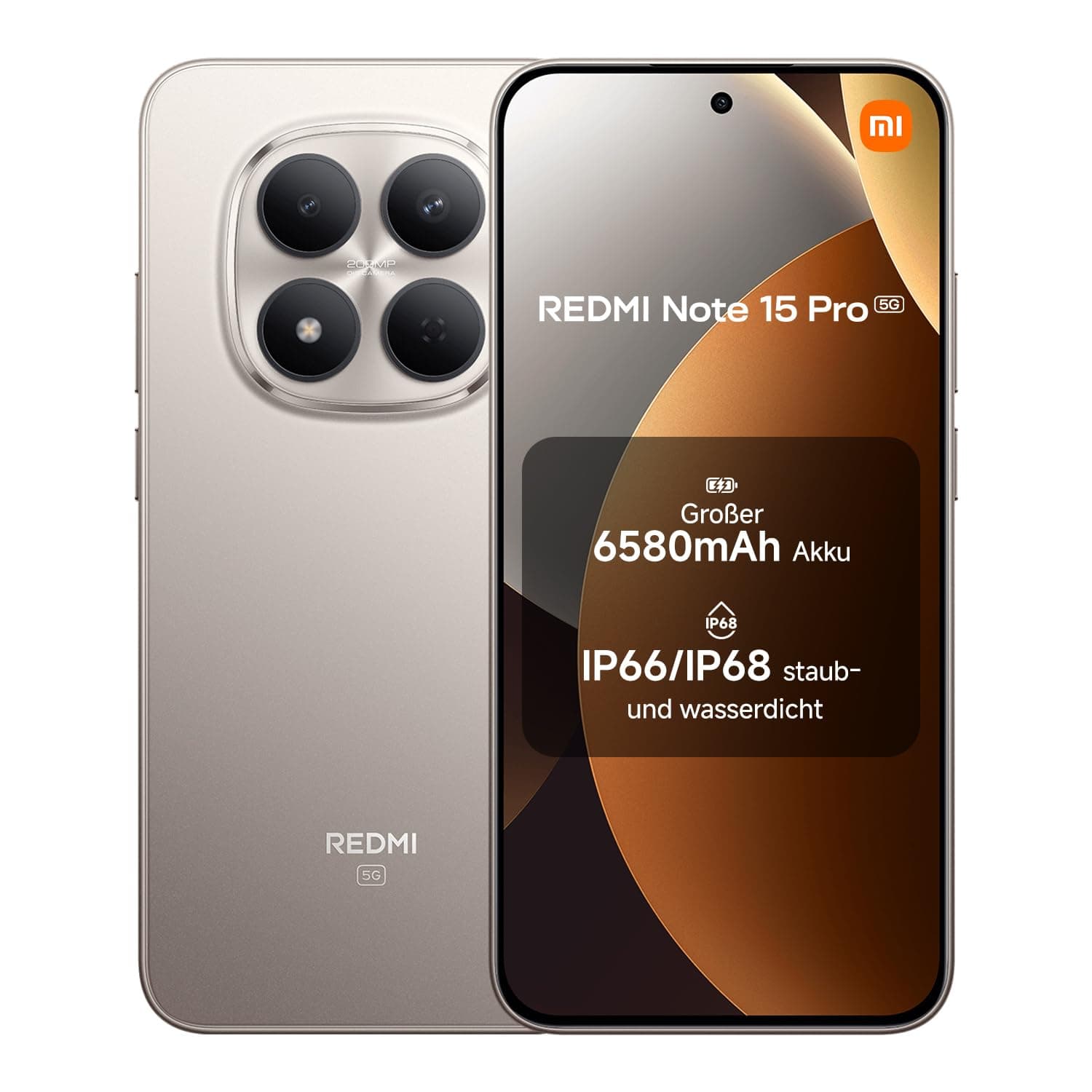 XIAOMI Redmi Note 15 Pro 5G Smartphone (12+512 GB) – Handy mit Android, 6580-mAh-Akku, IP66/IP68 Staub- und Wasserschutz, Neue 200-MP-Kamera, 6,83" AMOLED-Display, Titanium, 2 Jahre Garantie