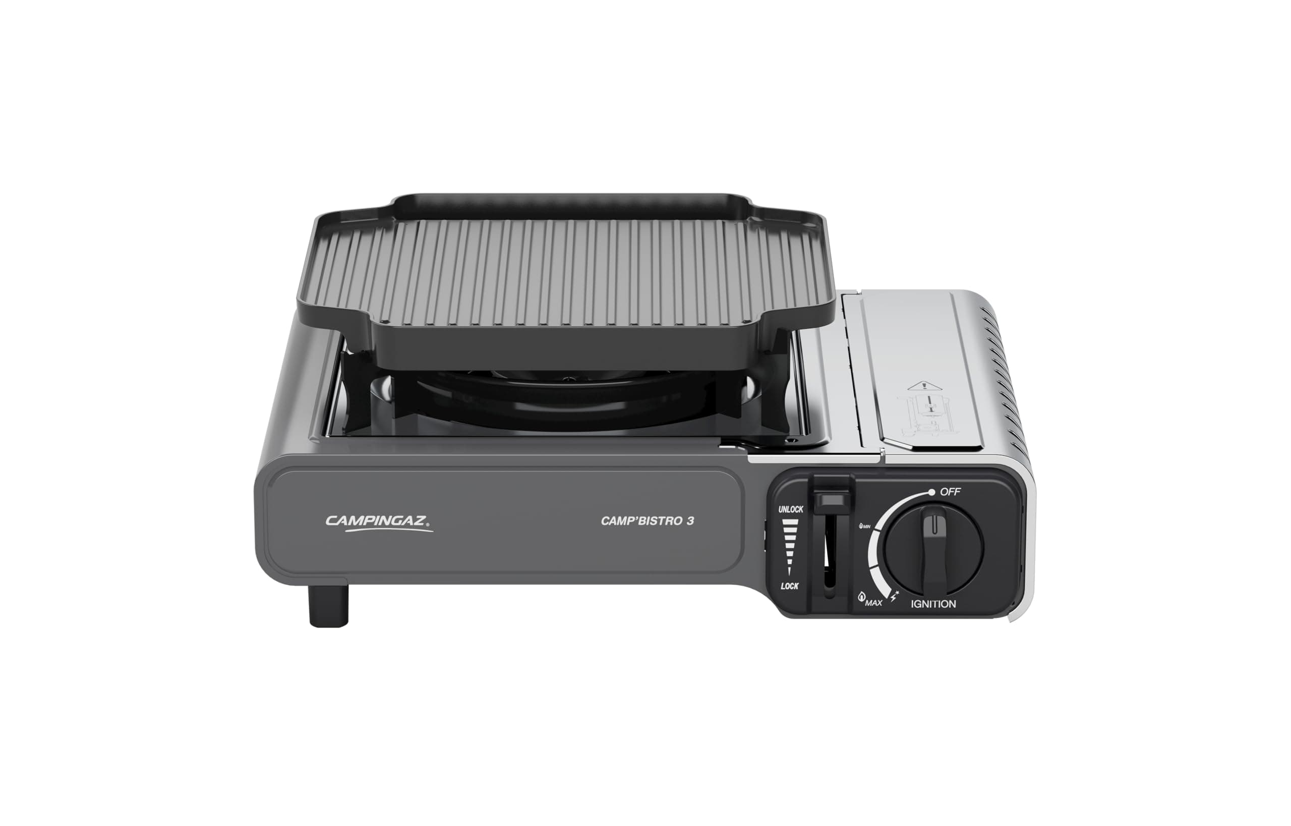 Campingaz Camp’Bistro 3 Griddle Combo Gas Stove | Hornillo Portátil y Compacto con Plancha para Camping y Picnic – 1 Quemador | 2200 W, Negro